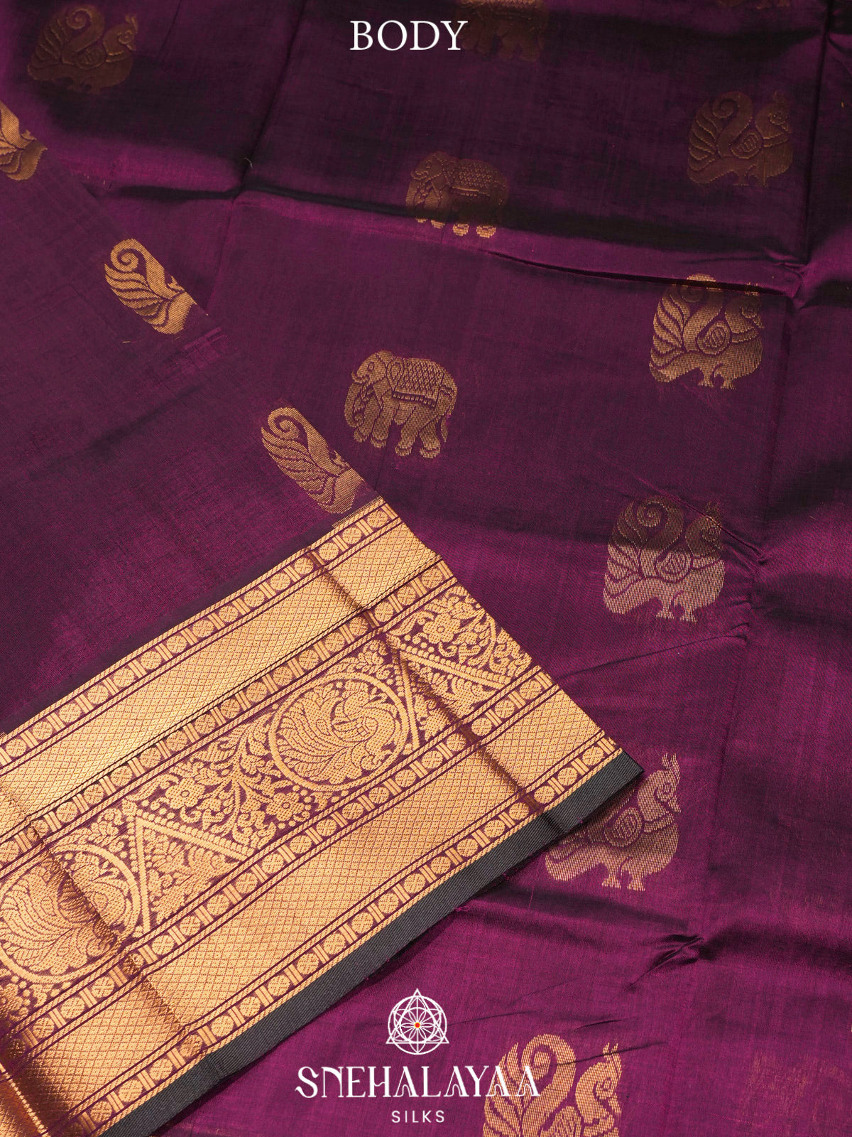 Purple Kuppadam Silk Cotton Saree with Elephant and Peacock Border