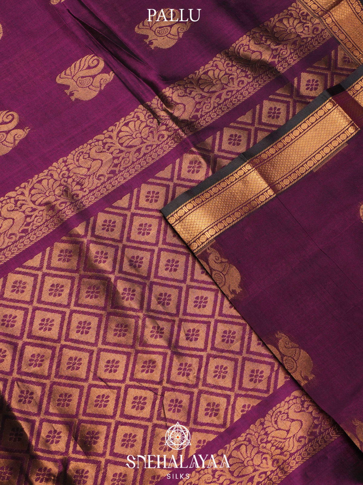 Purple Kuppadam Silk Cotton Saree with Elephant and Peacock Border