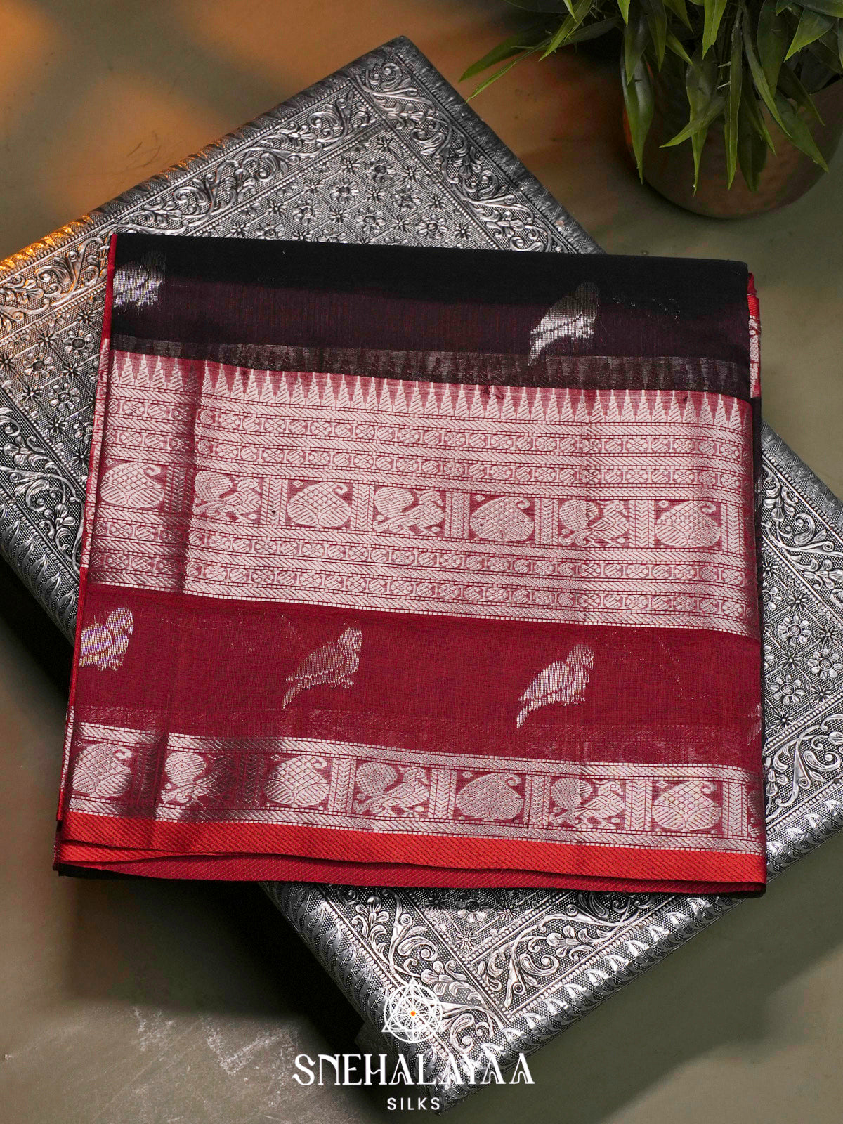 Coffee Brown Kuppadam Silk Cotton Saree with Silver Zari Border