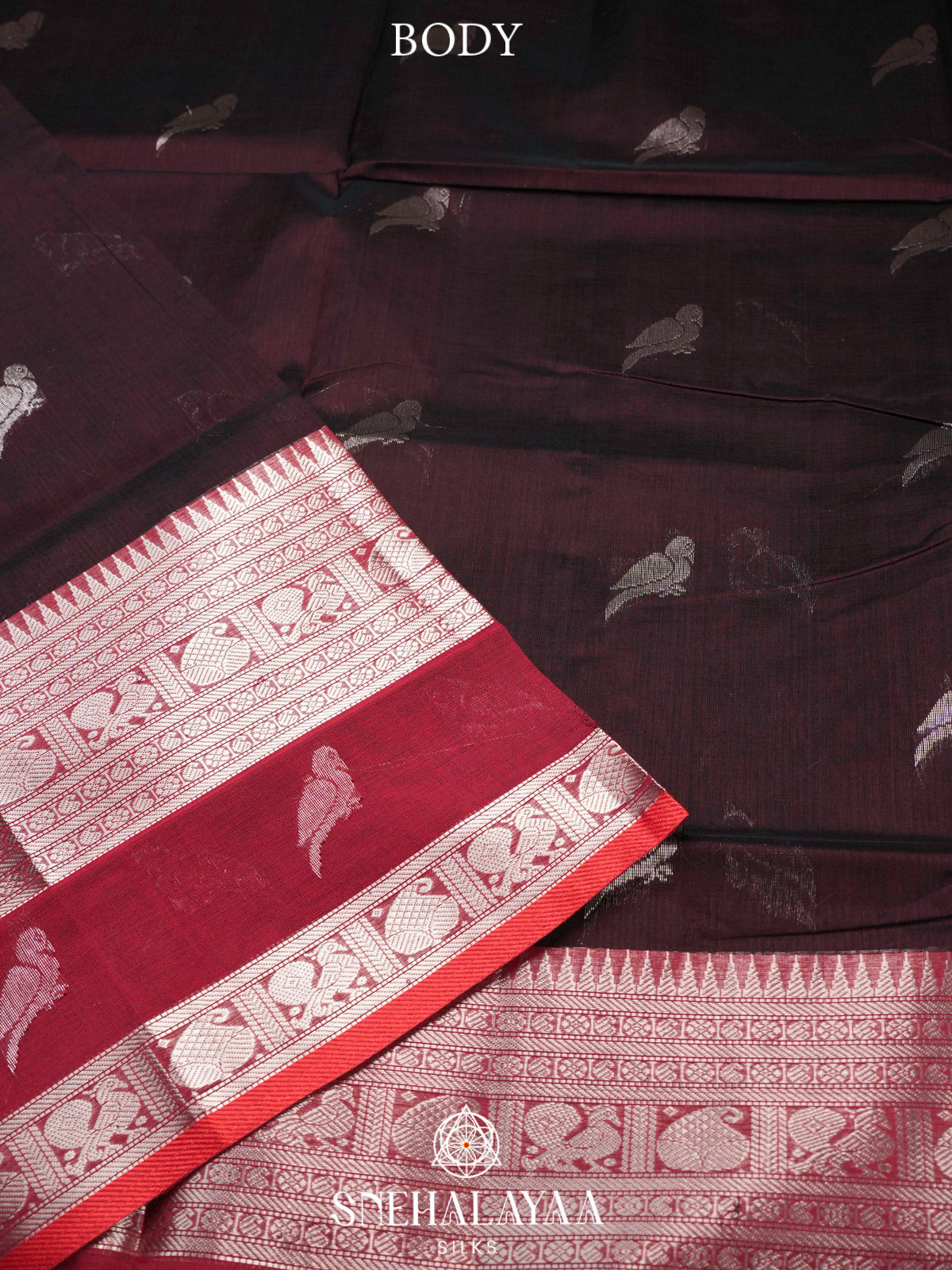 Coffee Brown Kuppadam Silk Cotton Saree with Silver Zari Border