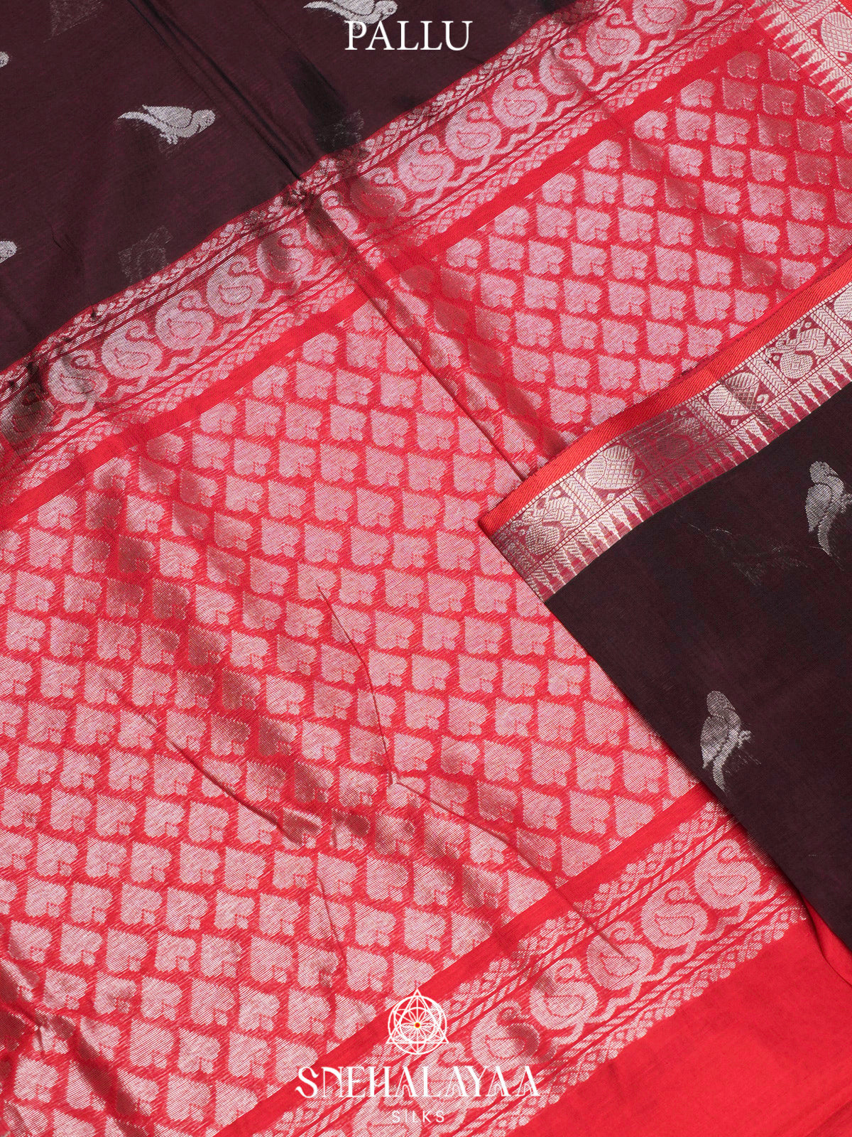 Coffee Brown Kuppadam Silk Cotton Saree with Silver Zari Border