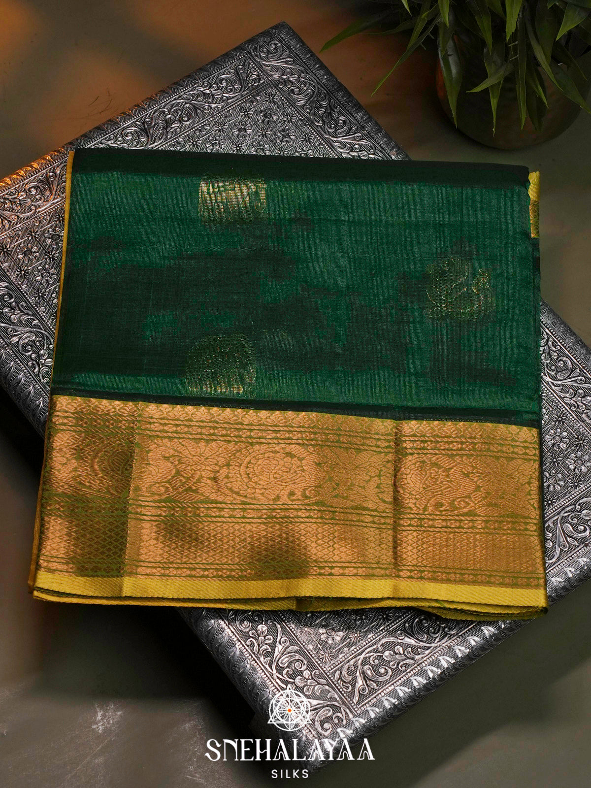 Emerald Green Kuppadam Silk Cotton Saree with Mustard Zari Border