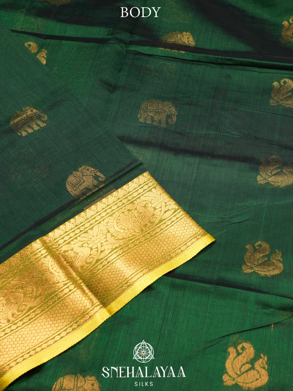 Emerald Green Kuppadam Silk Cotton Saree with Mustard Zari Border