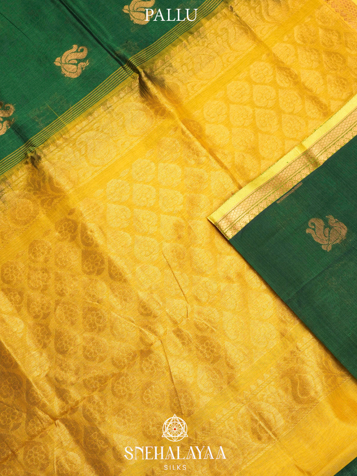 Emerald Green Kuppadam Silk Cotton Saree with Mustard Zari Border