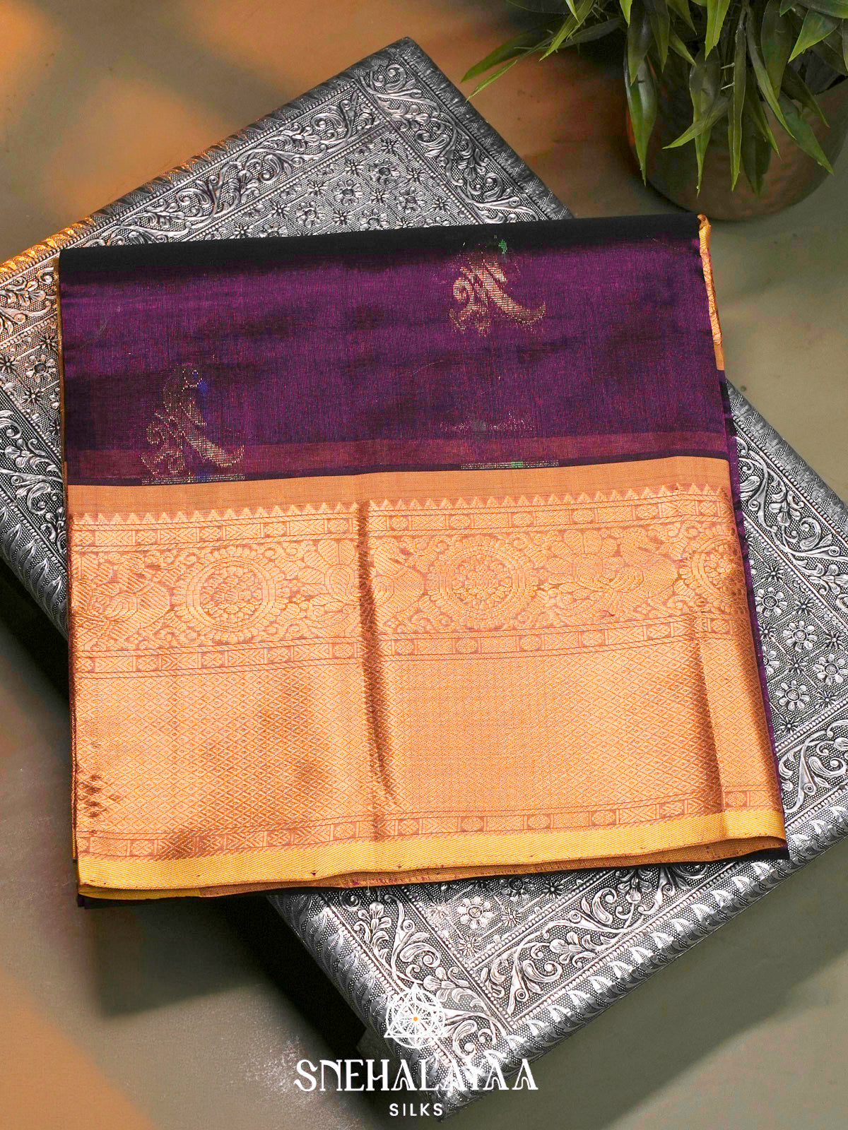 Purple Kuppadam Silk Cotton Saree with Mustard Zari Border