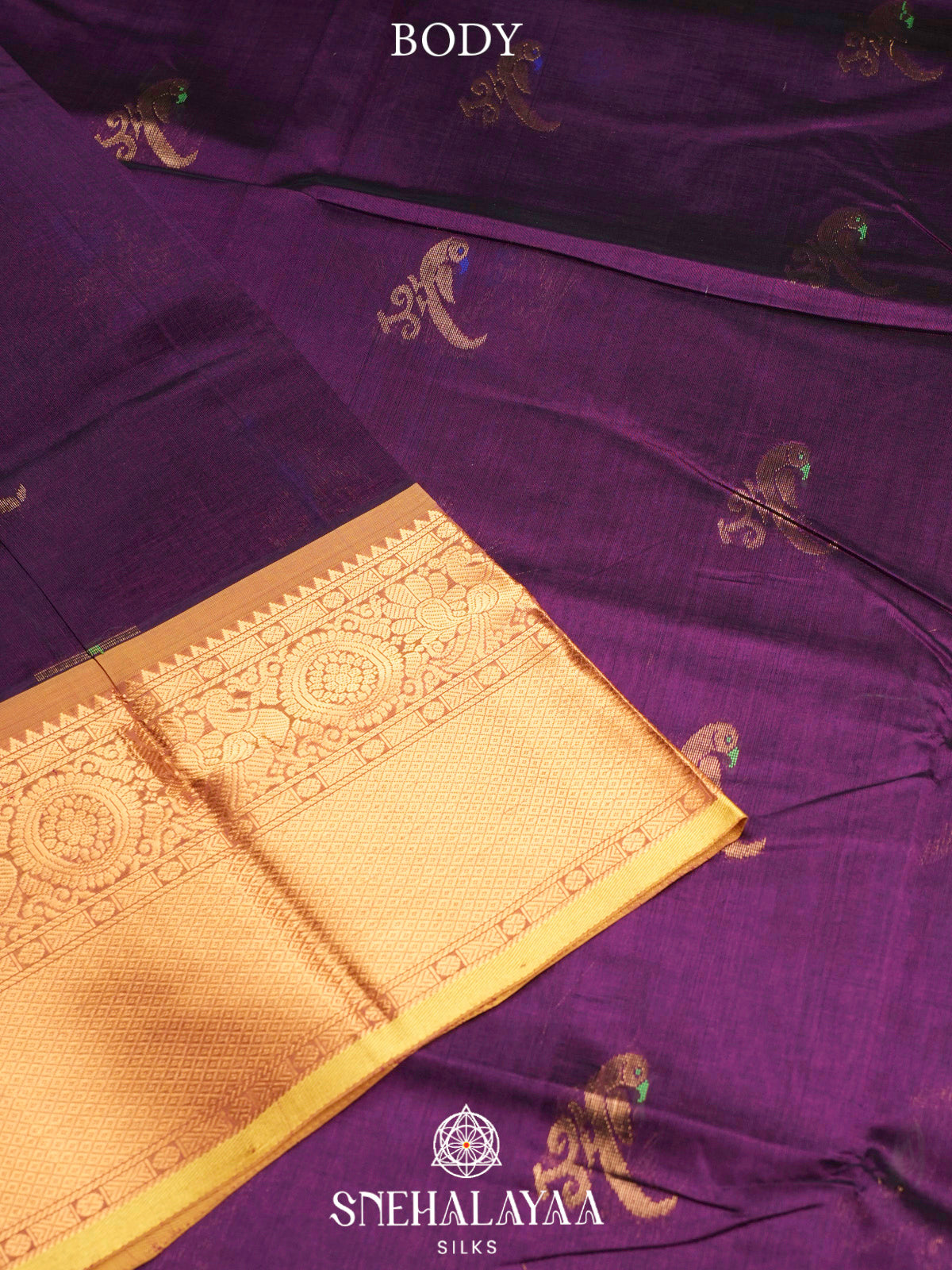 Purple Kuppadam Silk Cotton Saree with Mustard Zari Border