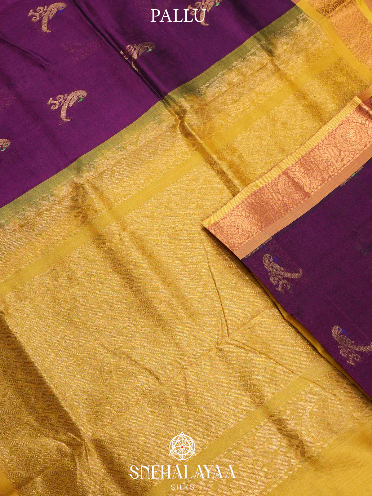 Purple Kuppadam Silk Cotton Saree with Mustard Zari Border