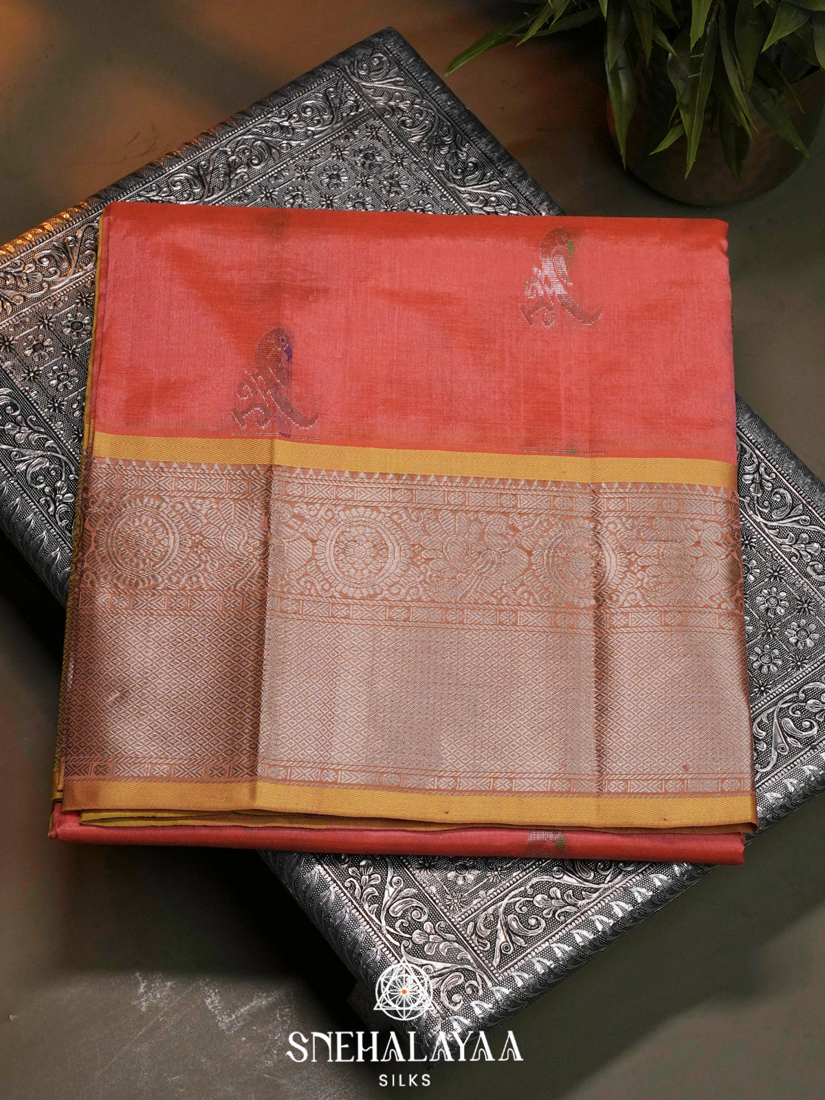 Coral Pink Kuppadam Silk Cotton Saree with Mustard Zari Border