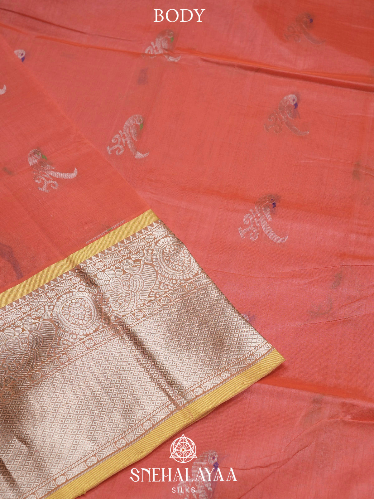 Coral Pink Kuppadam Silk Cotton Saree with Mustard Zari Border