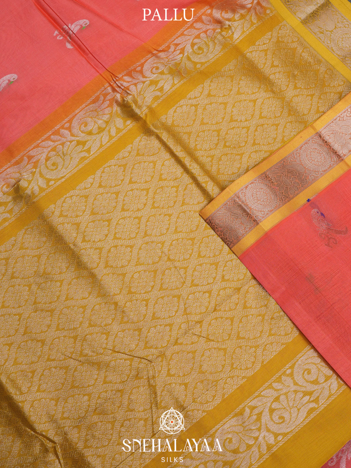 Coral Pink Kuppadam Silk Cotton Saree with Mustard Zari Border