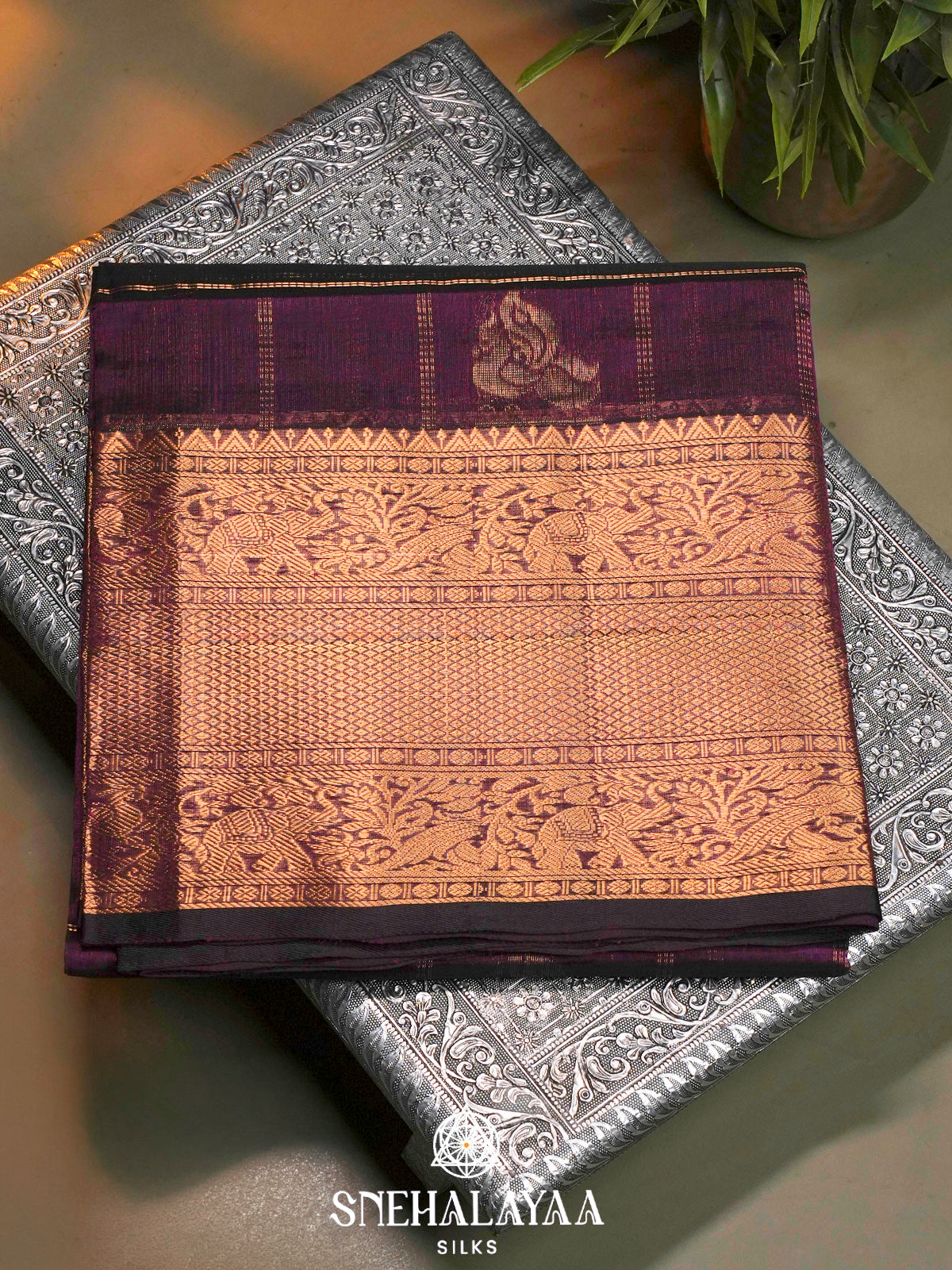 Wine Kuppadam Silk Cotton Saree with Gold Zari Border
