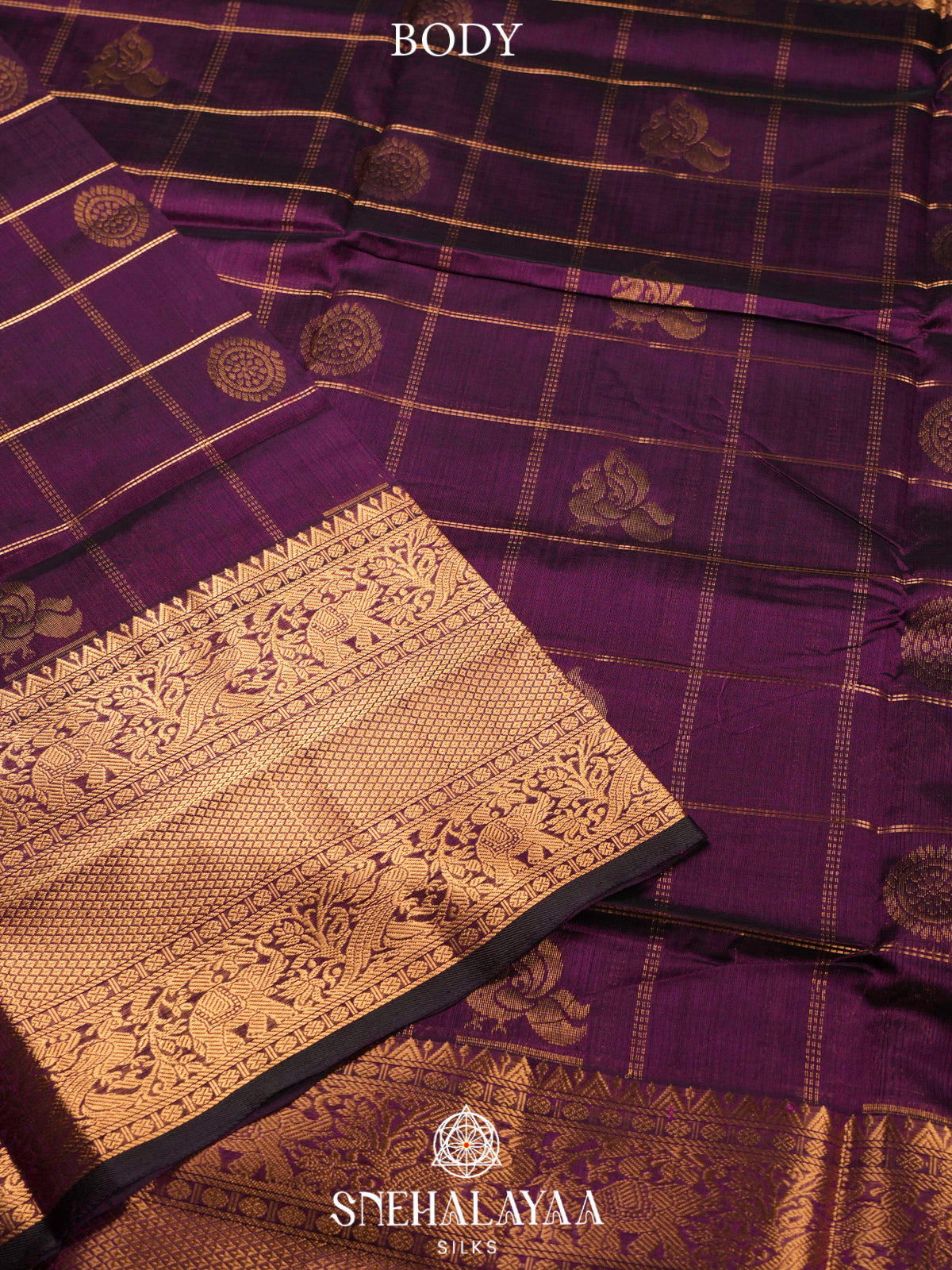 Wine Kuppadam Silk Cotton Saree with Gold Zari Border