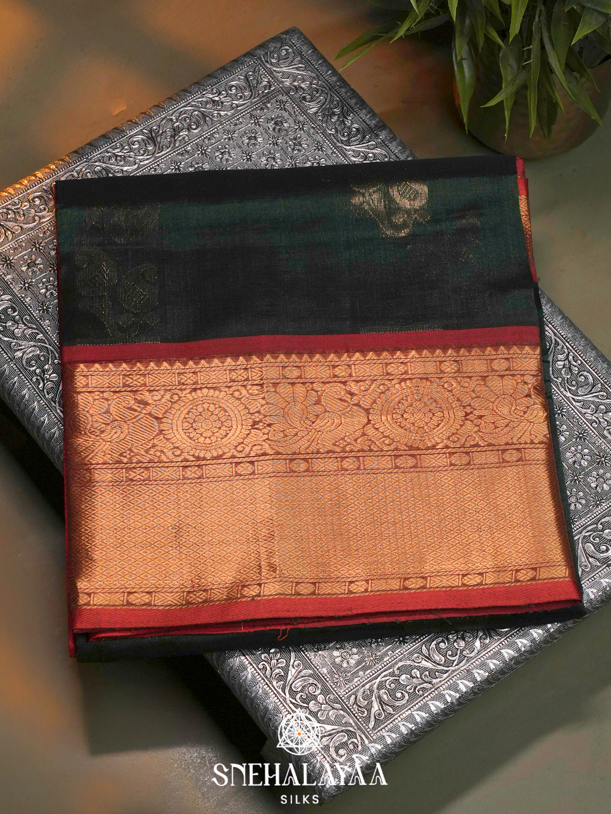 Bottle Green Kuppadam Silk Cotton Saree with Red Zari Border
