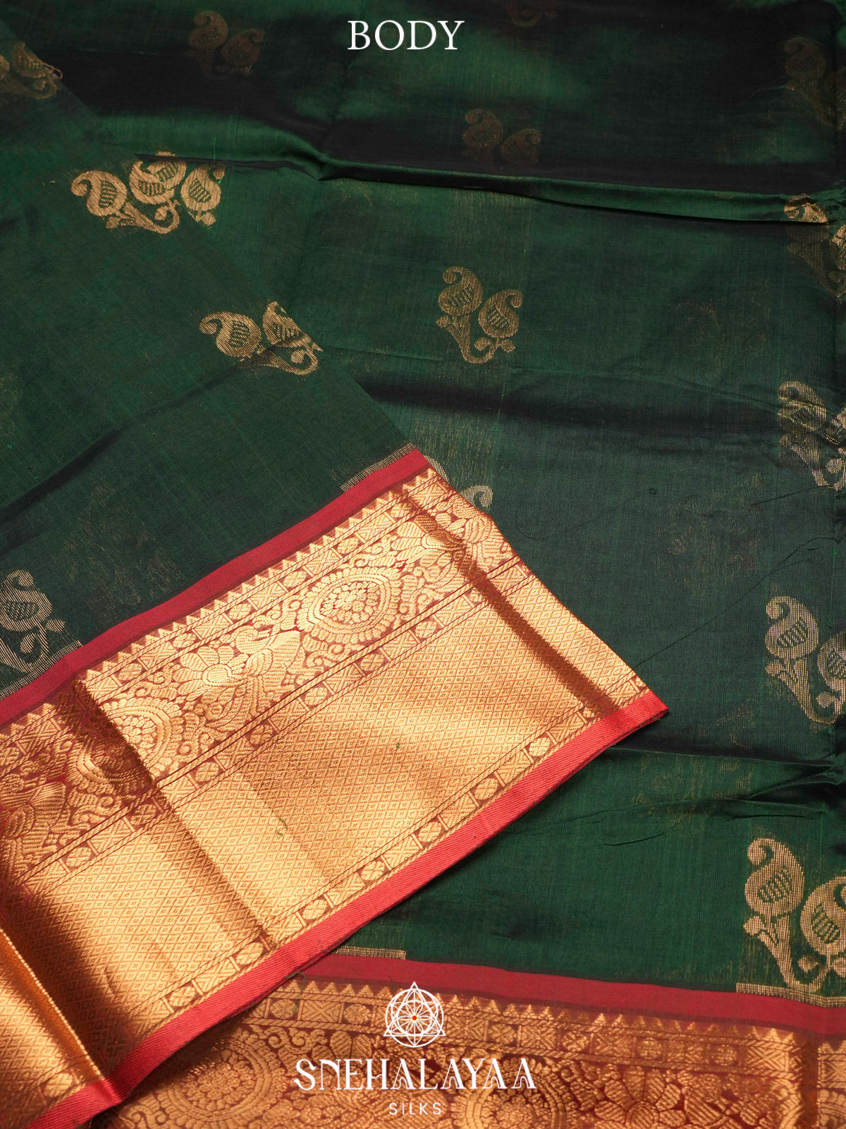 Bottle Green Kuppadam Silk Cotton Saree with Red Zari Border