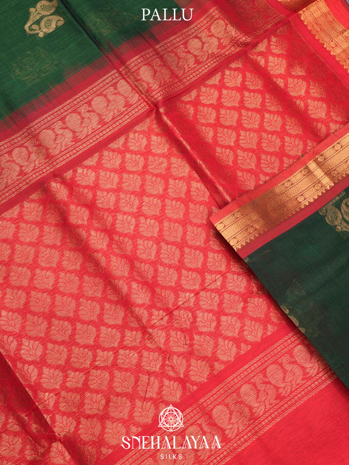 Bottle Green Kuppadam Silk Cotton Saree with Red Zari Border