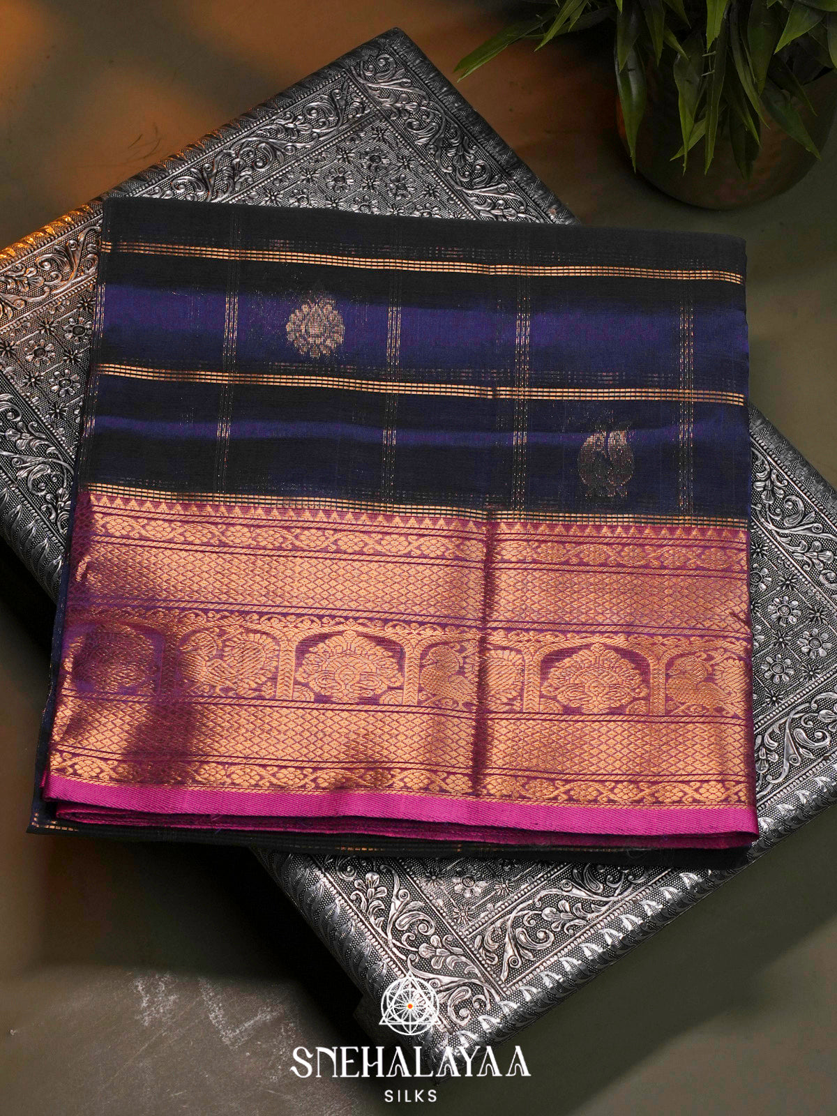 Ink Blue Kuppadam Silk Cotton Saree with Pink Zari Border