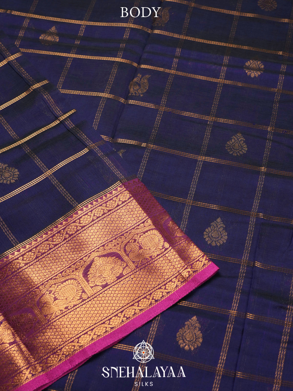 Ink Blue Kuppadam Silk Cotton Saree with Pink Zari Border