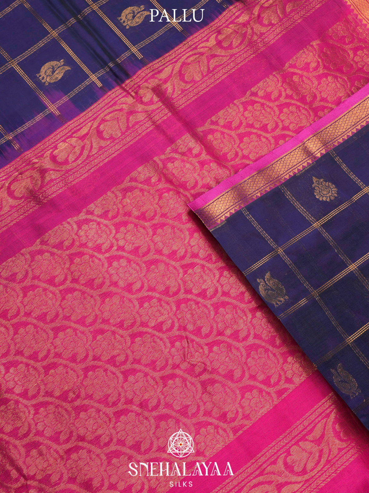 Ink Blue Kuppadam Silk Cotton Saree with Pink Zari Border