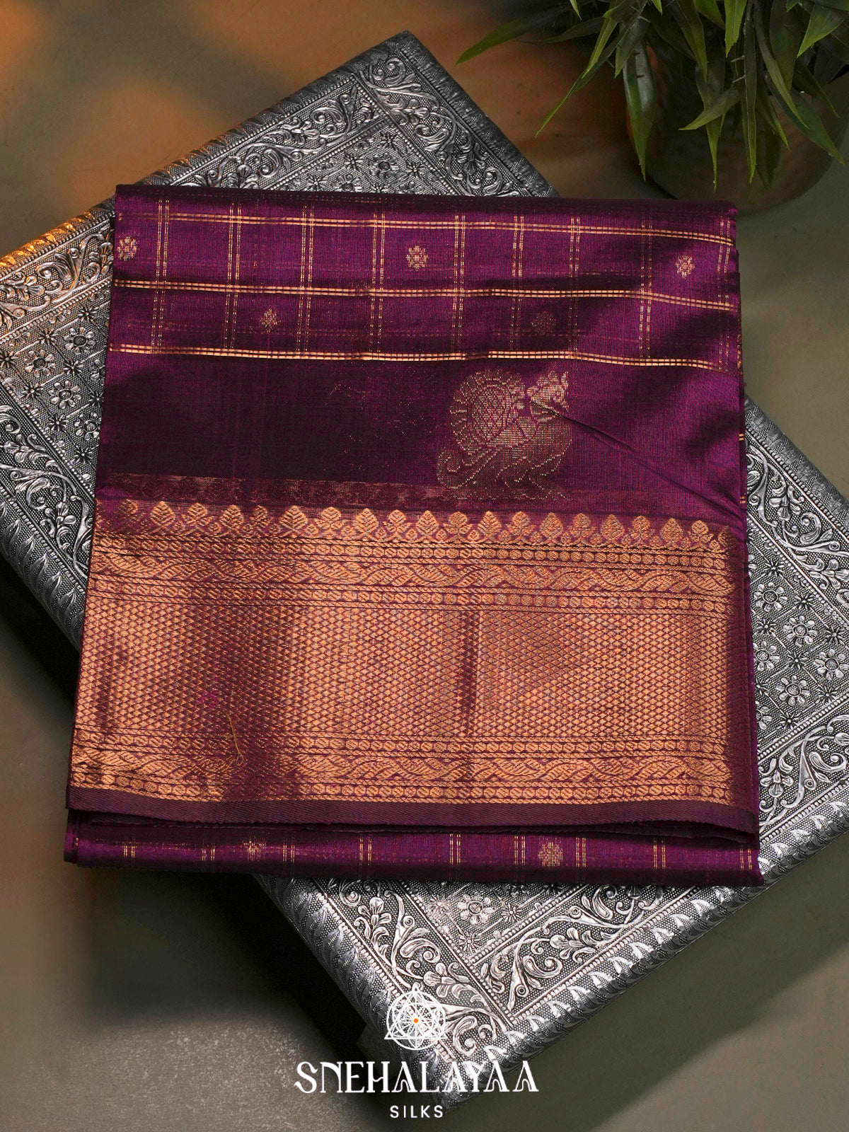 Purple Kuppadam Silk Cotton Saree with Gold Zari Border