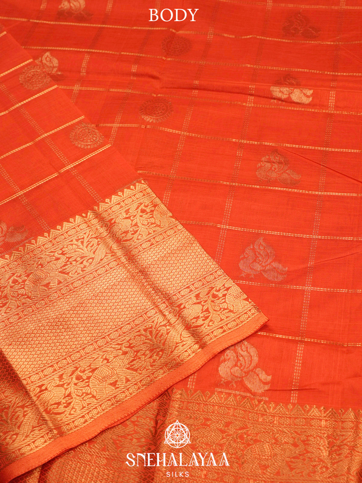 Rust Orange Kuppadam Silk Cotton Saree with Elephant Zari Border