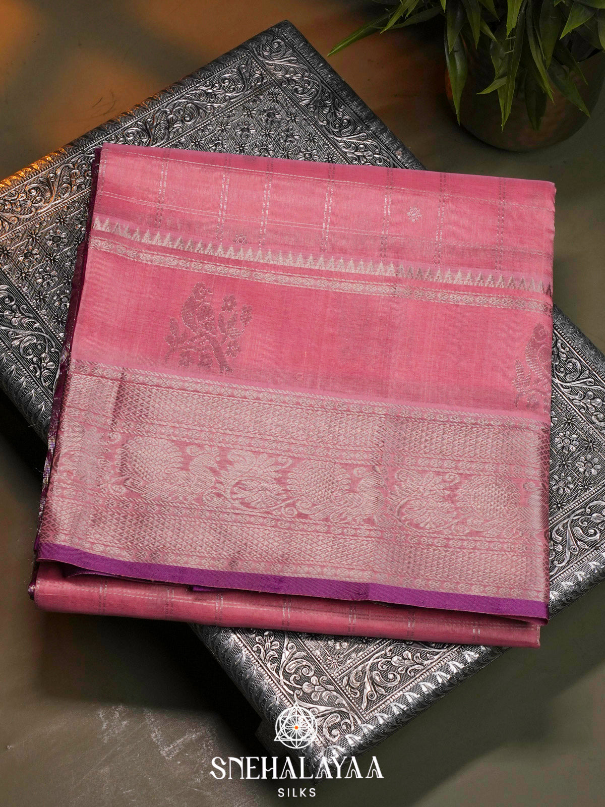 Pastel Pink Kuppadam Silk Cotton Saree with Silver Zari Border