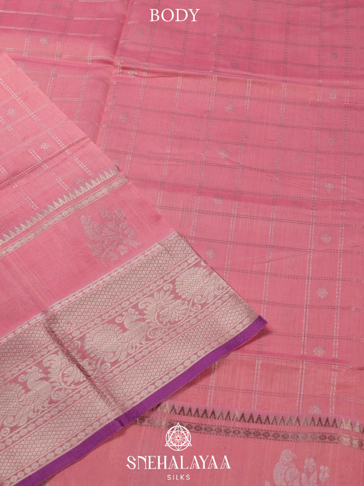Pastel Pink Kuppadam Silk Cotton Saree with Silver Zari Border