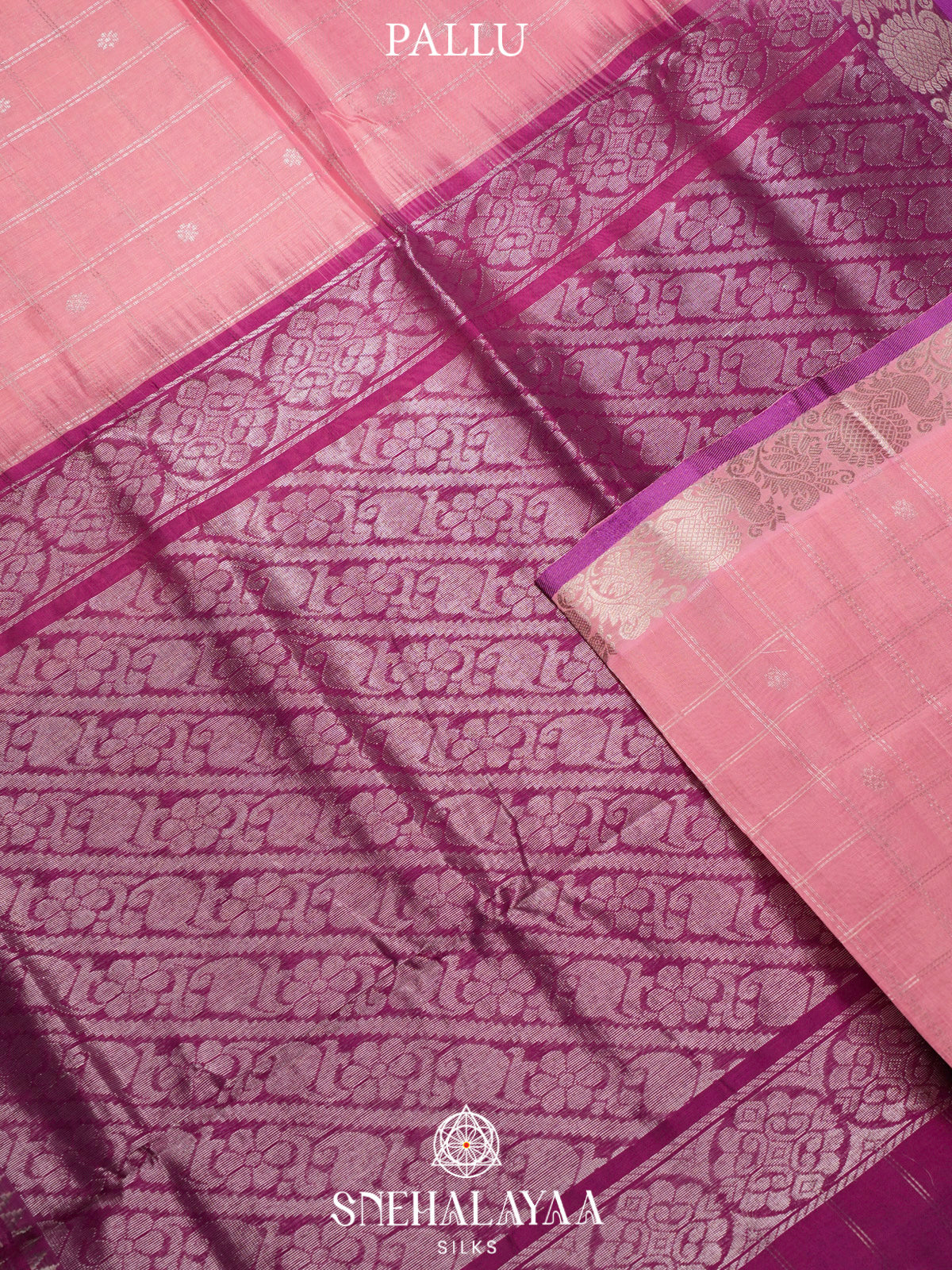 Pastel Pink Kuppadam Silk Cotton Saree with Silver Zari Border