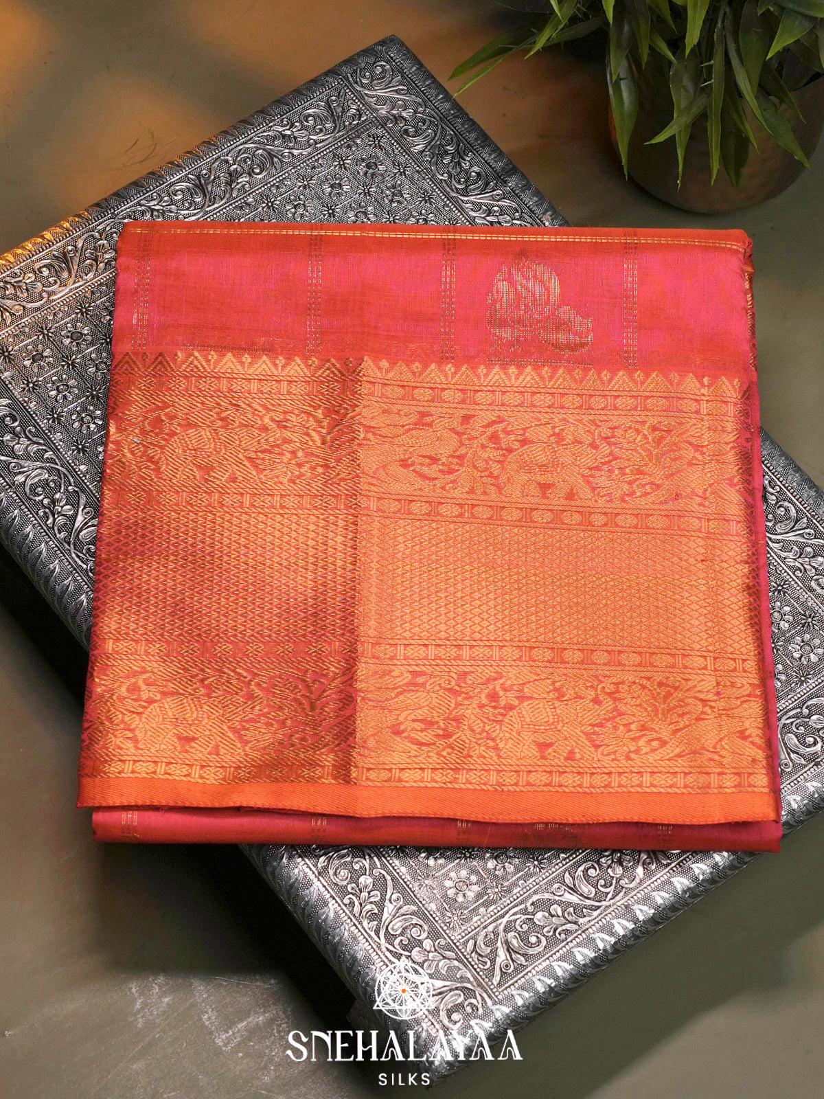 Pink Kuppadam Silk Cotton Saree with Elephant Zari Border