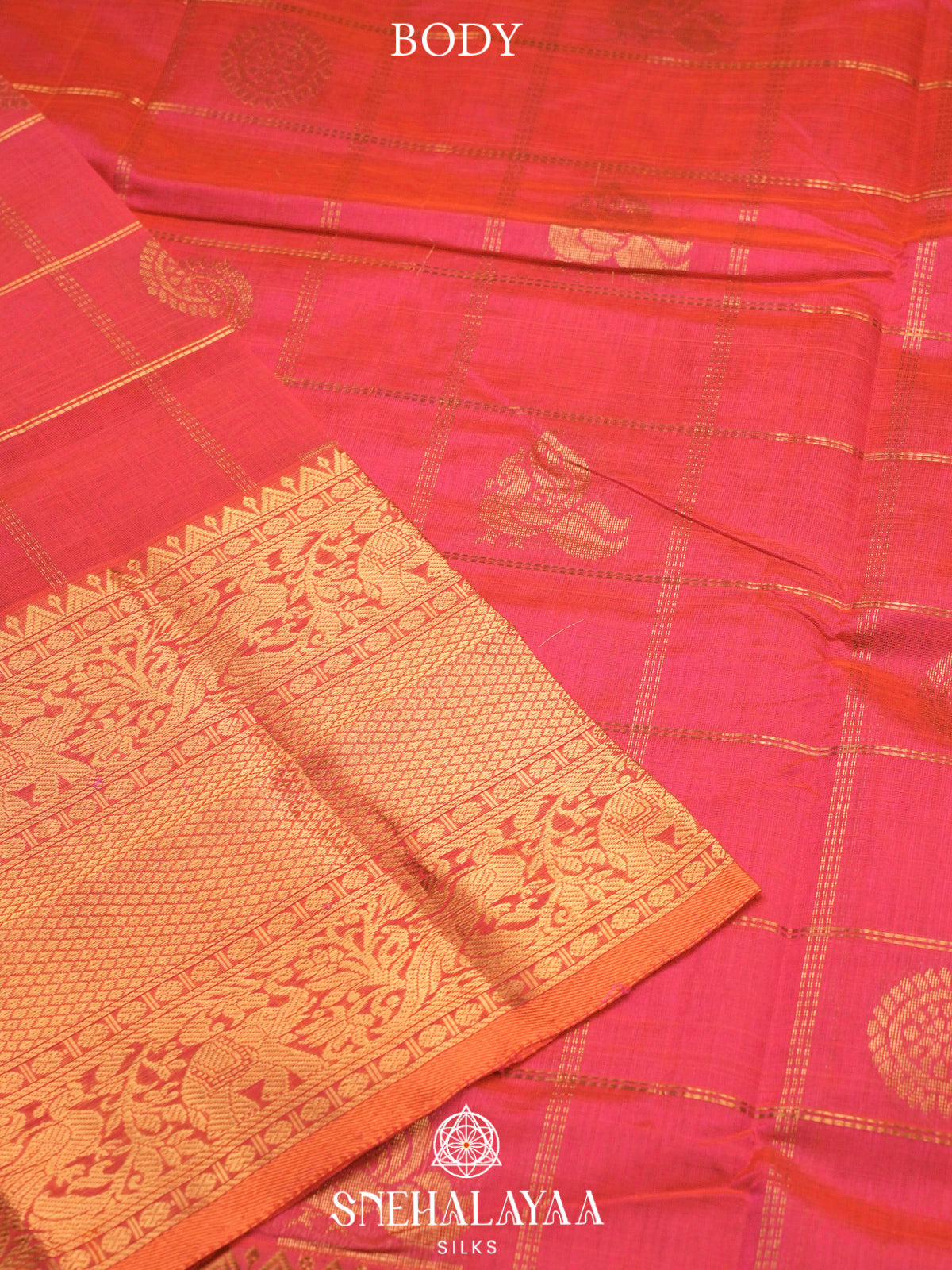 Pink Kuppadam Silk Cotton Saree with Elephant Zari Border