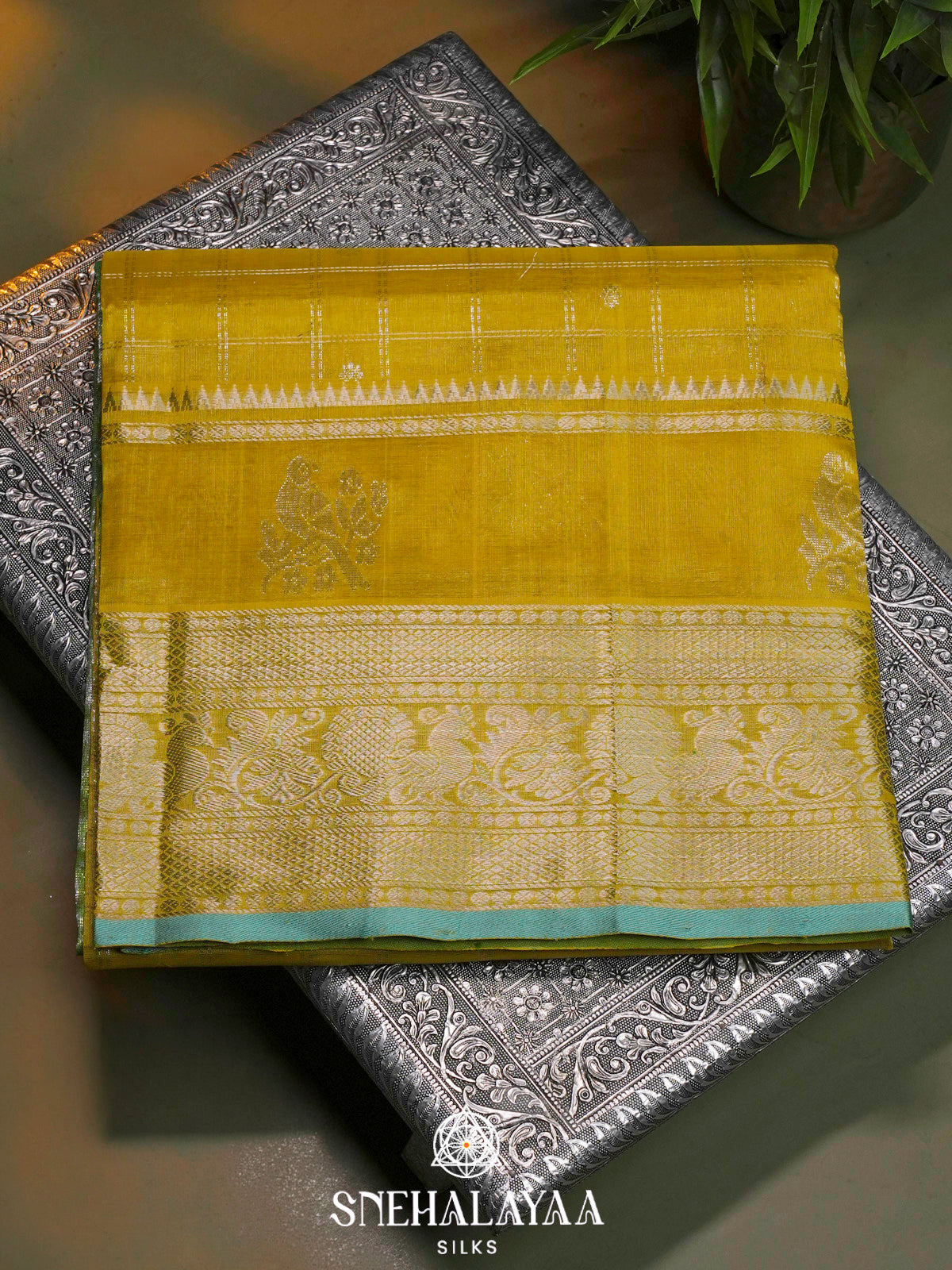 Yellow Kuppadam Silk Cotton Saree with Peacock Zari Border
