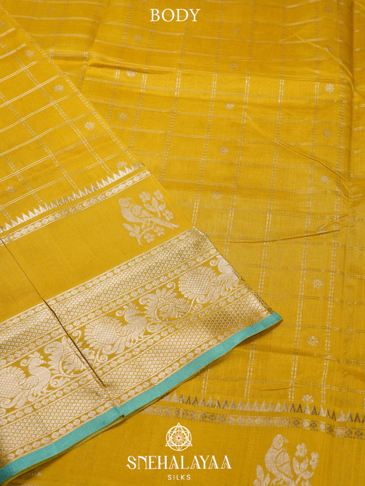 Yellow Kuppadam Silk Cotton Saree with Peacock Zari Border