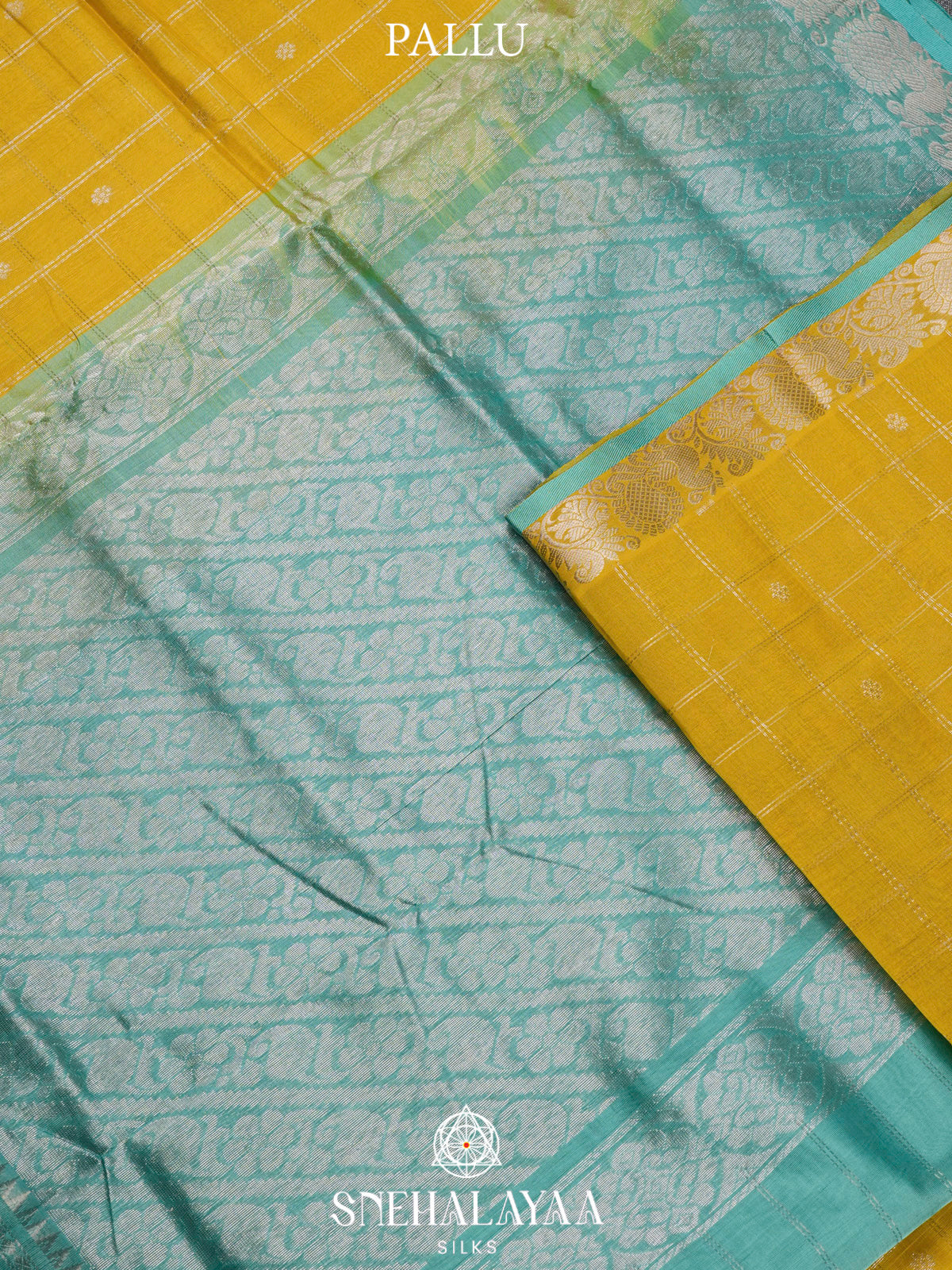 Yellow Kuppadam Silk Cotton Saree with Peacock Zari Border