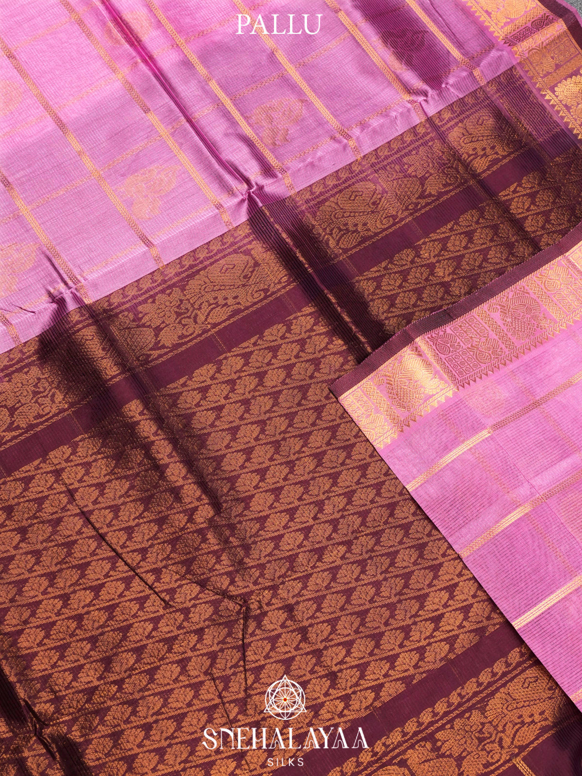 Pink Kuppadam Silk Cotton Saree with Peacock Zari Border