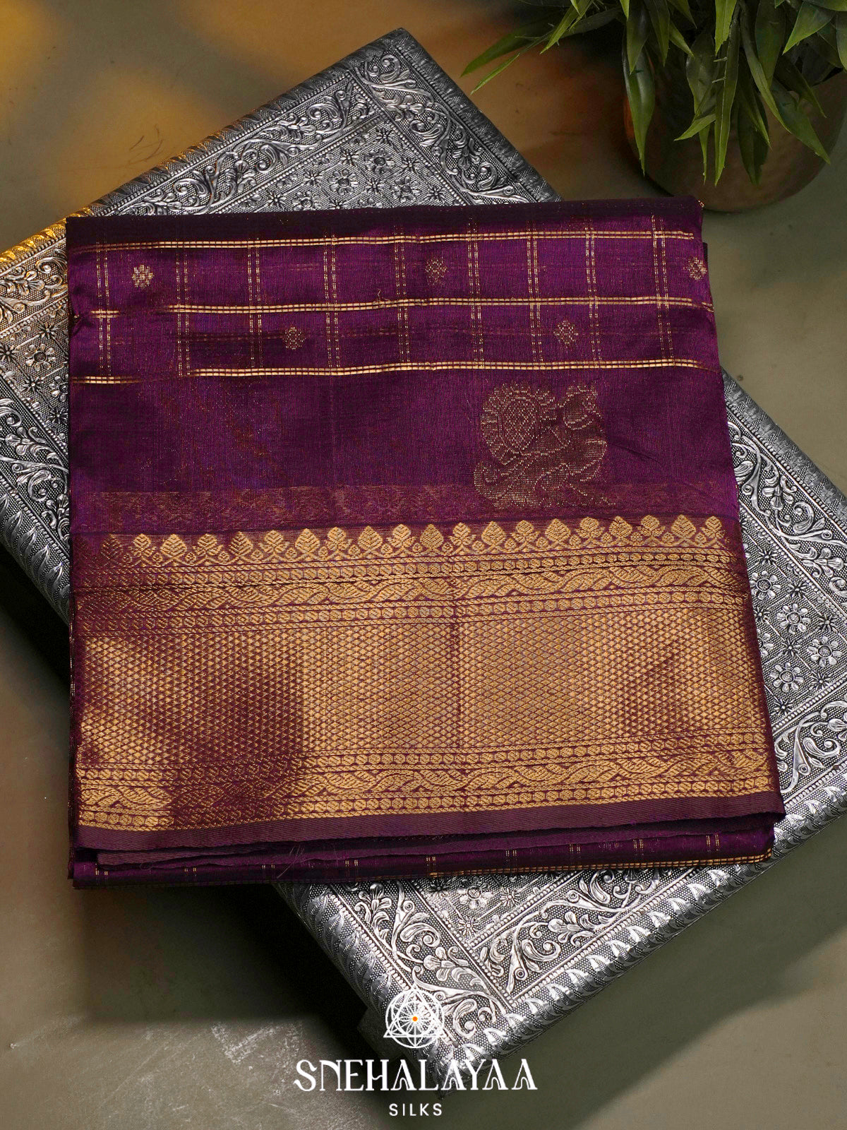 Purple Kuppadam Silk Cotton Saree with Leaf Zari Border