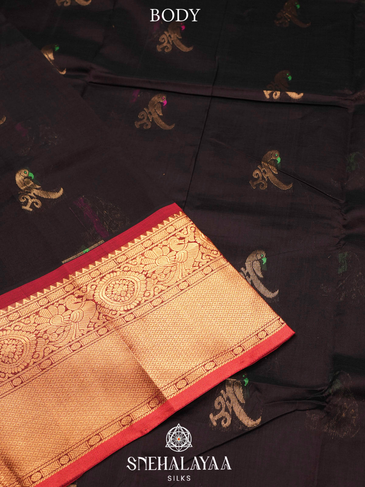 Chocolate Brown Kuppadam Silk Cotton Saree with Peacock Zari Border