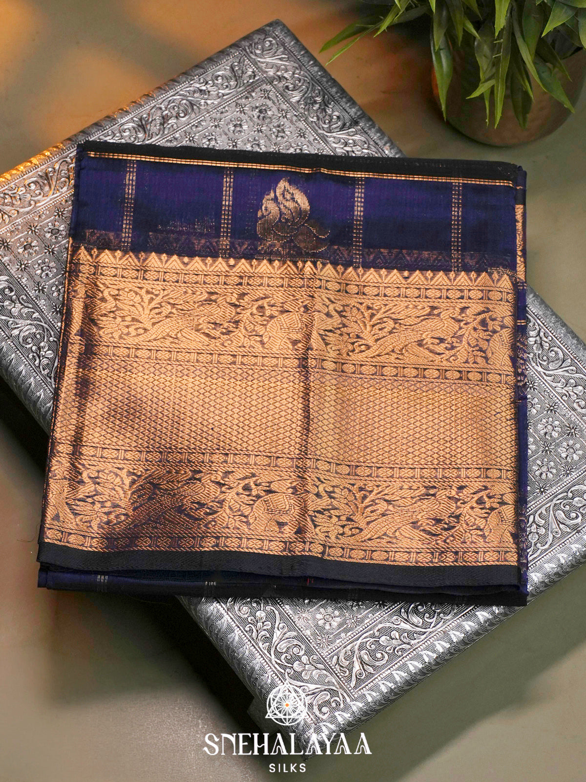 Navy Blue Kuppadam Silk Cotton Saree with Elephant Zari Border