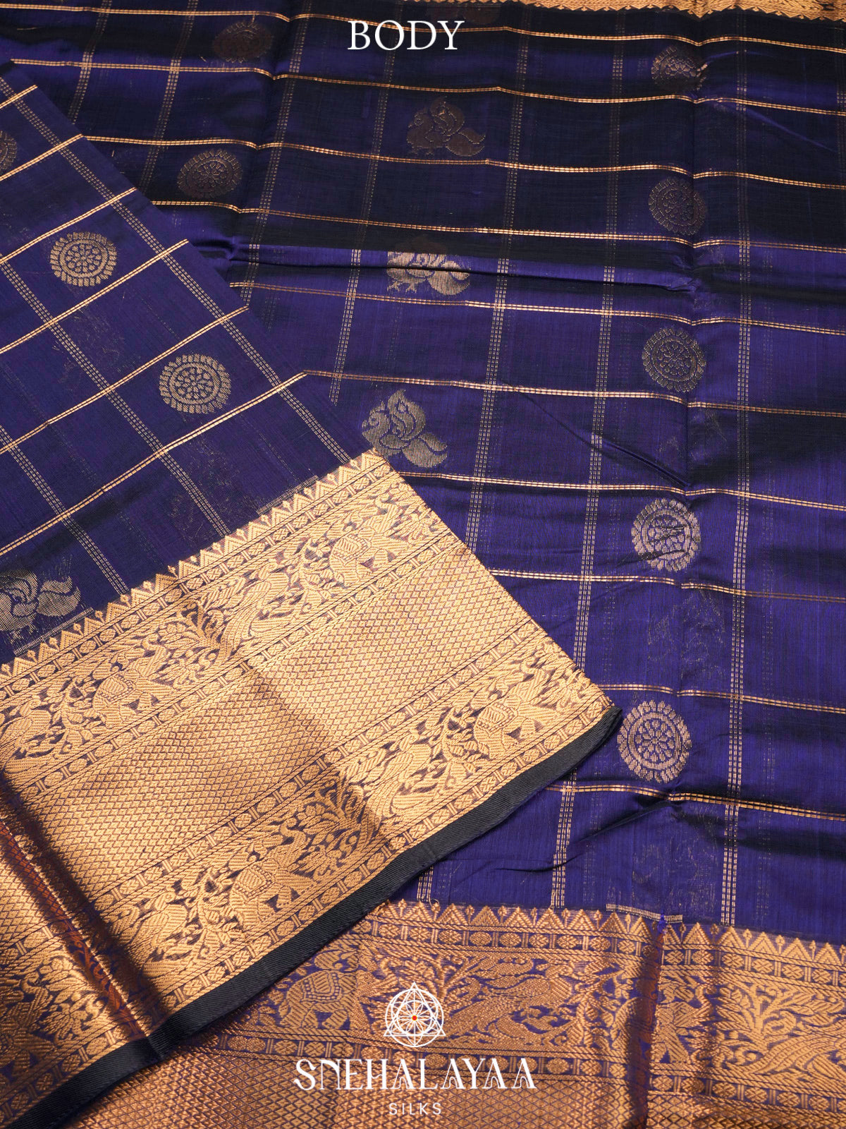 Navy Blue Kuppadam Silk Cotton Saree with Elephant Zari Border
