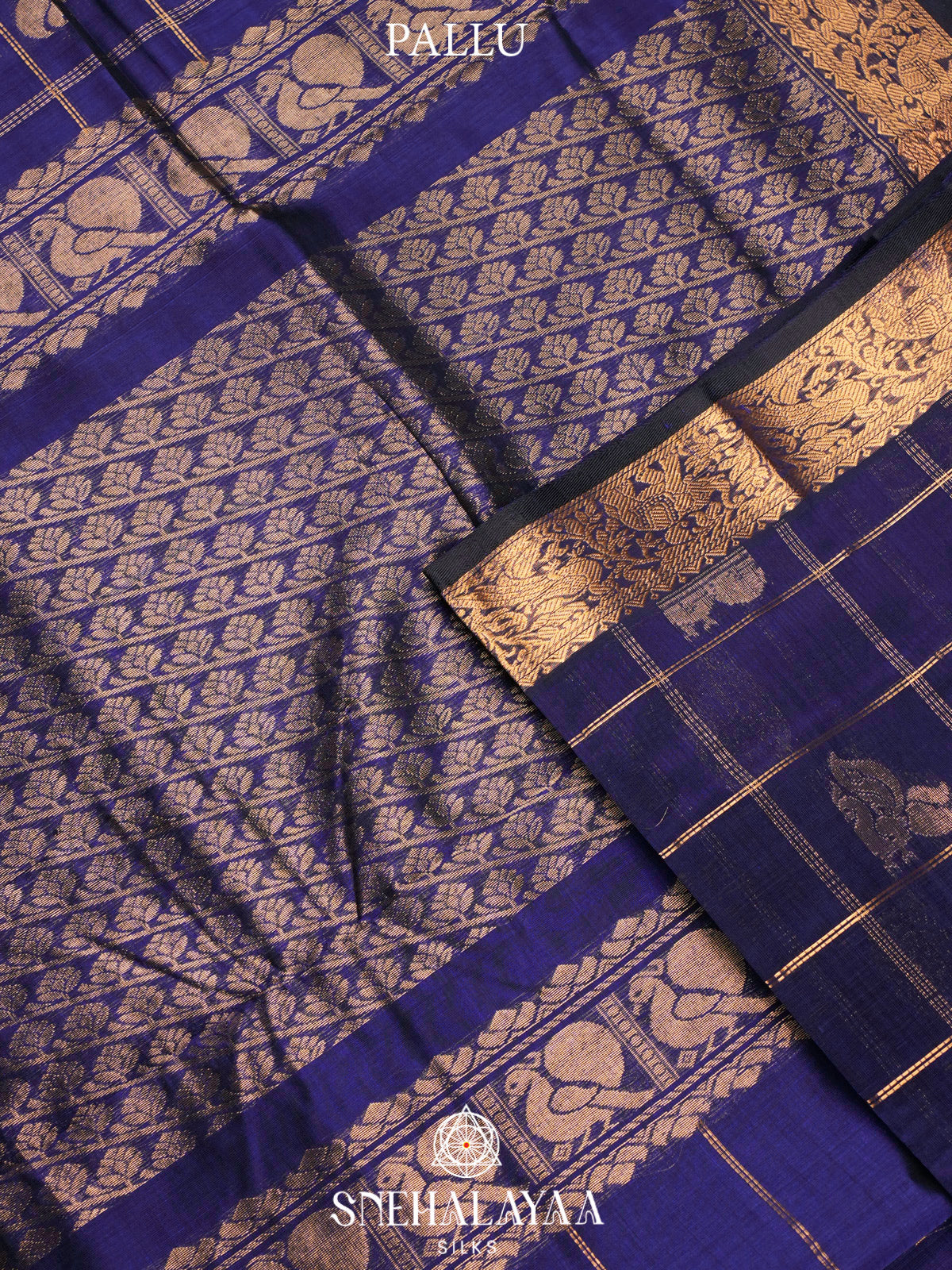 Navy Blue Kuppadam Silk Cotton Saree with Elephant Zari Border