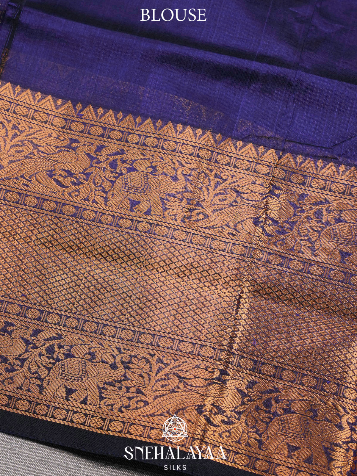 Navy Blue Kuppadam Silk Cotton Saree with Elephant Zari Border