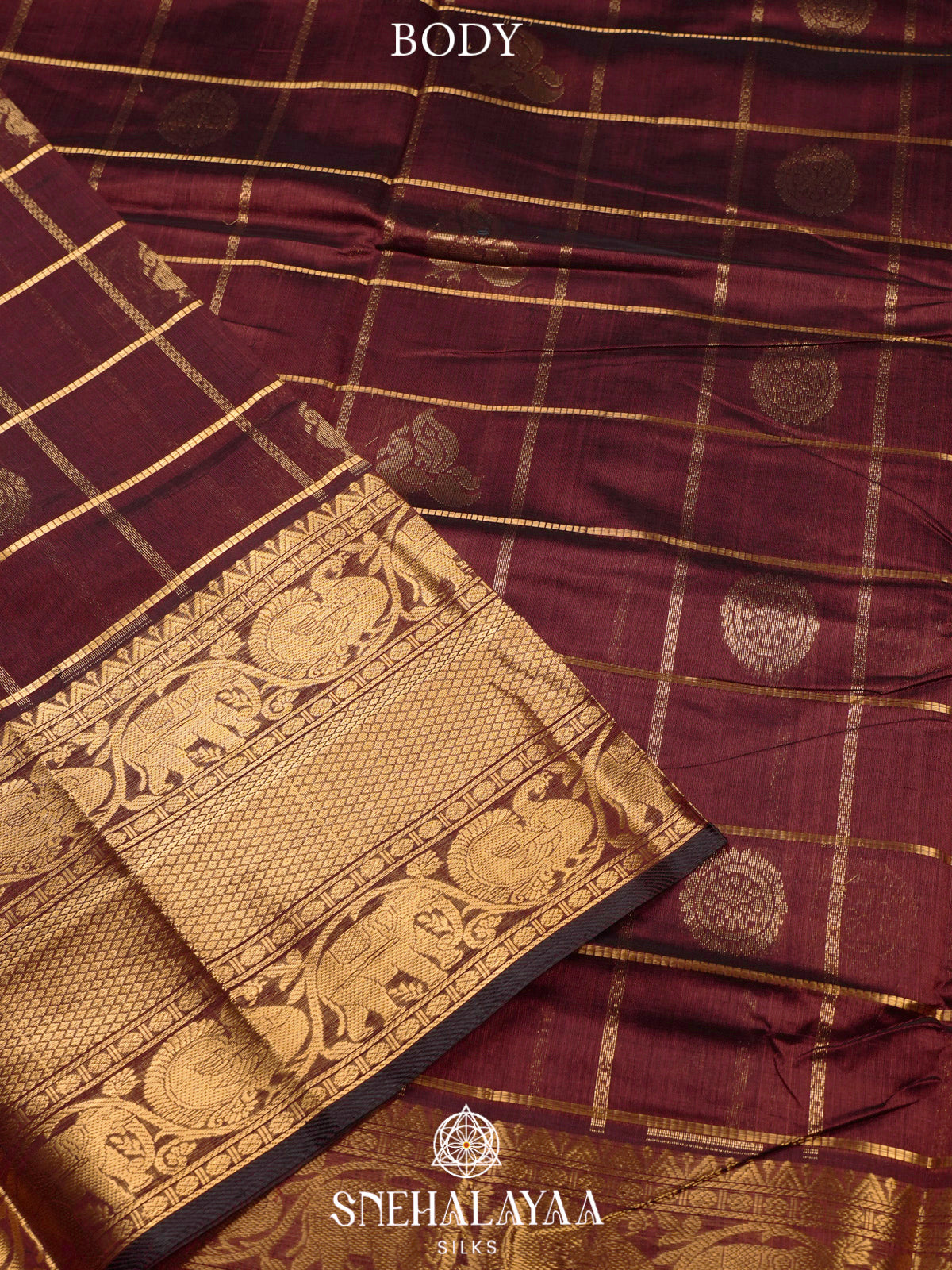 Maroon Kuppadam Silk Cotton Saree with Elephant Zari Border