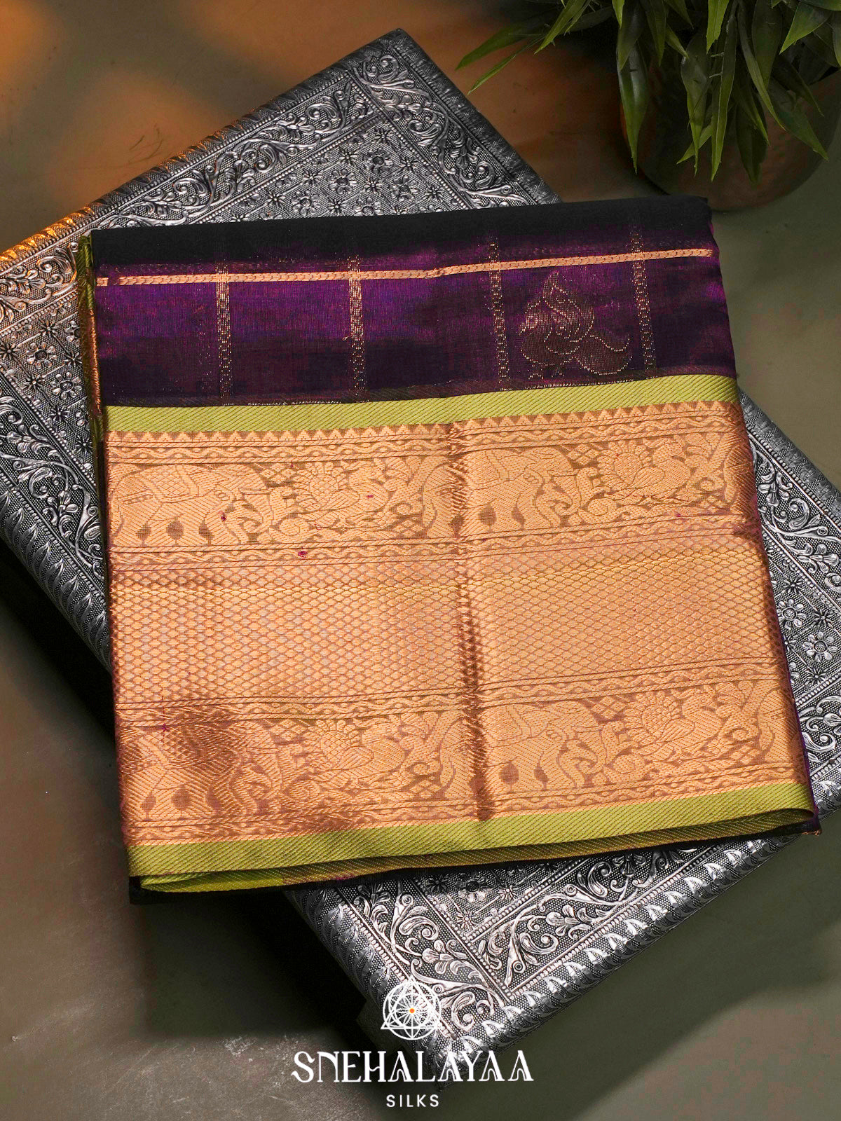 Purple Kuppadam Silk Cotton Saree with Elephant Zari Border