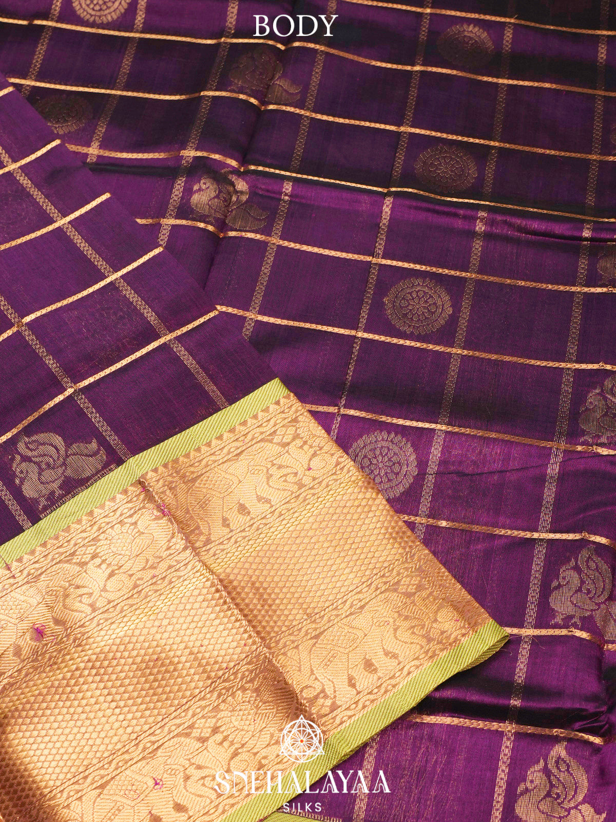 Purple Kuppadam Silk Cotton Saree with Elephant Zari Border