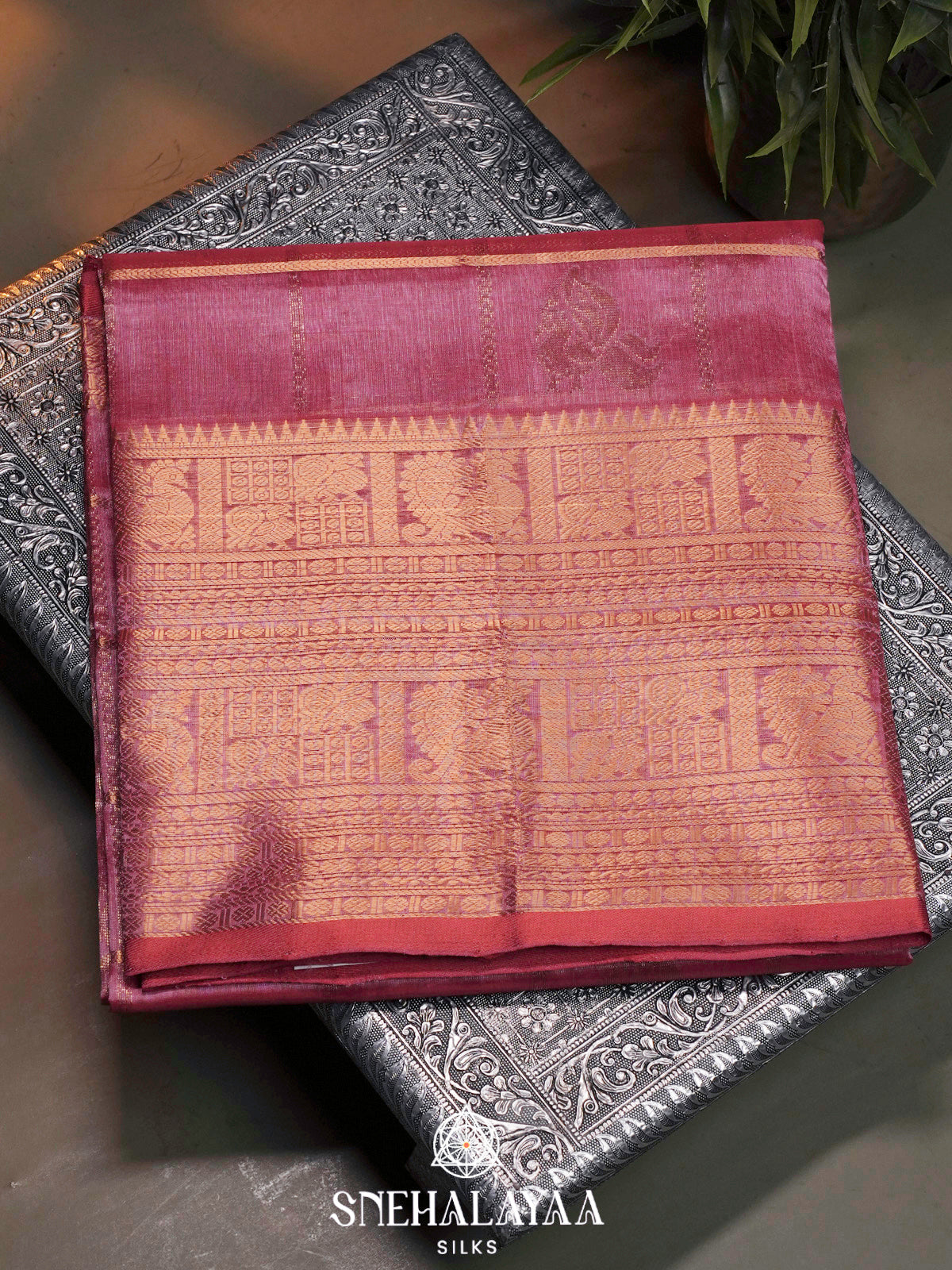 Rose Pink Kuppadam Silk Cotton Saree with Geometric Zari Border