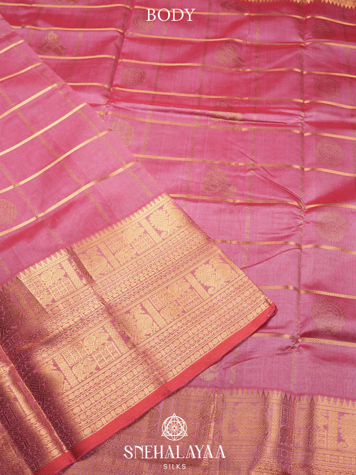 Rose Pink Kuppadam Silk Cotton Saree with Geometric Zari Border
