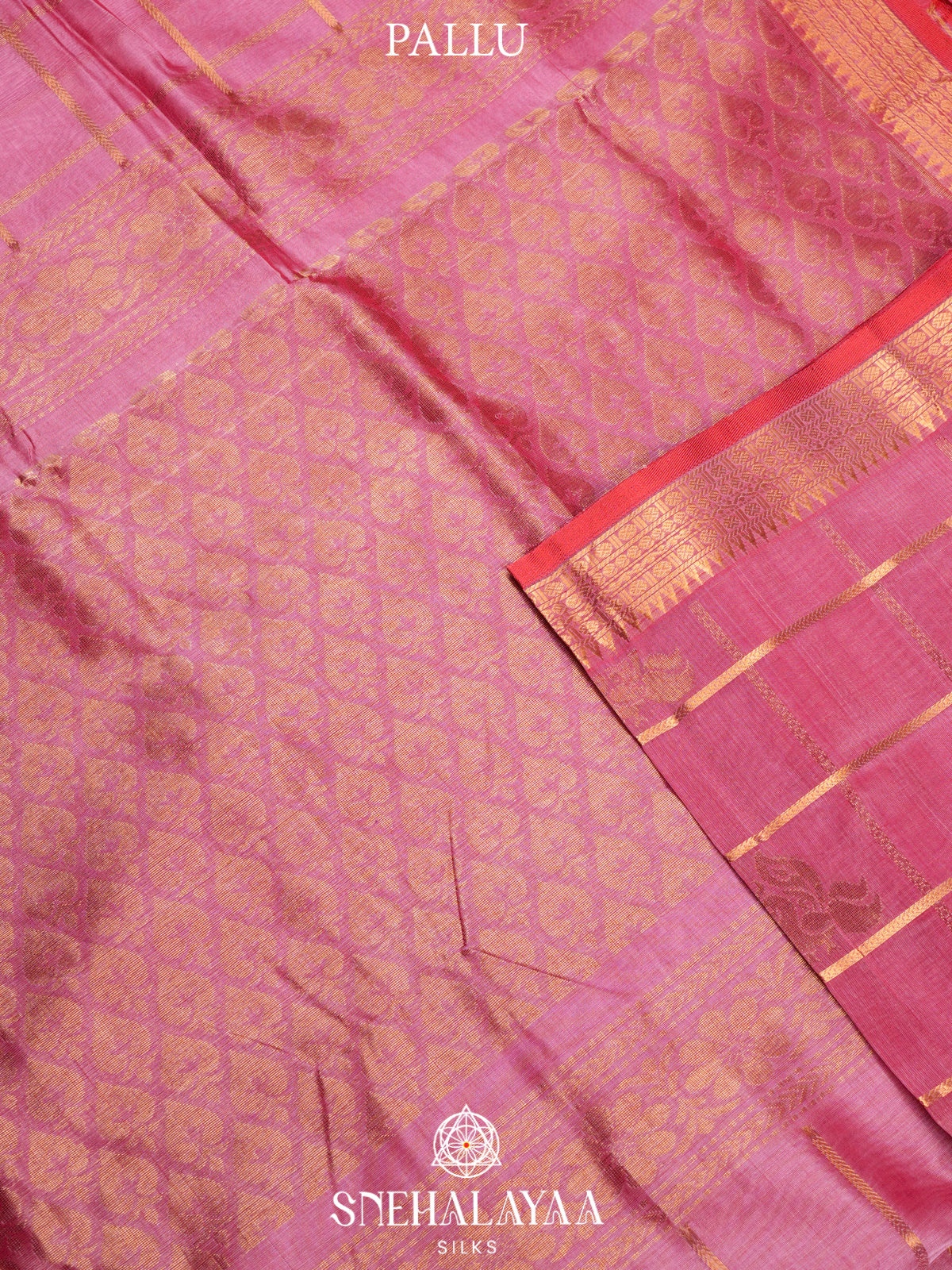 Rose Pink Kuppadam Silk Cotton Saree with Geometric Zari Border