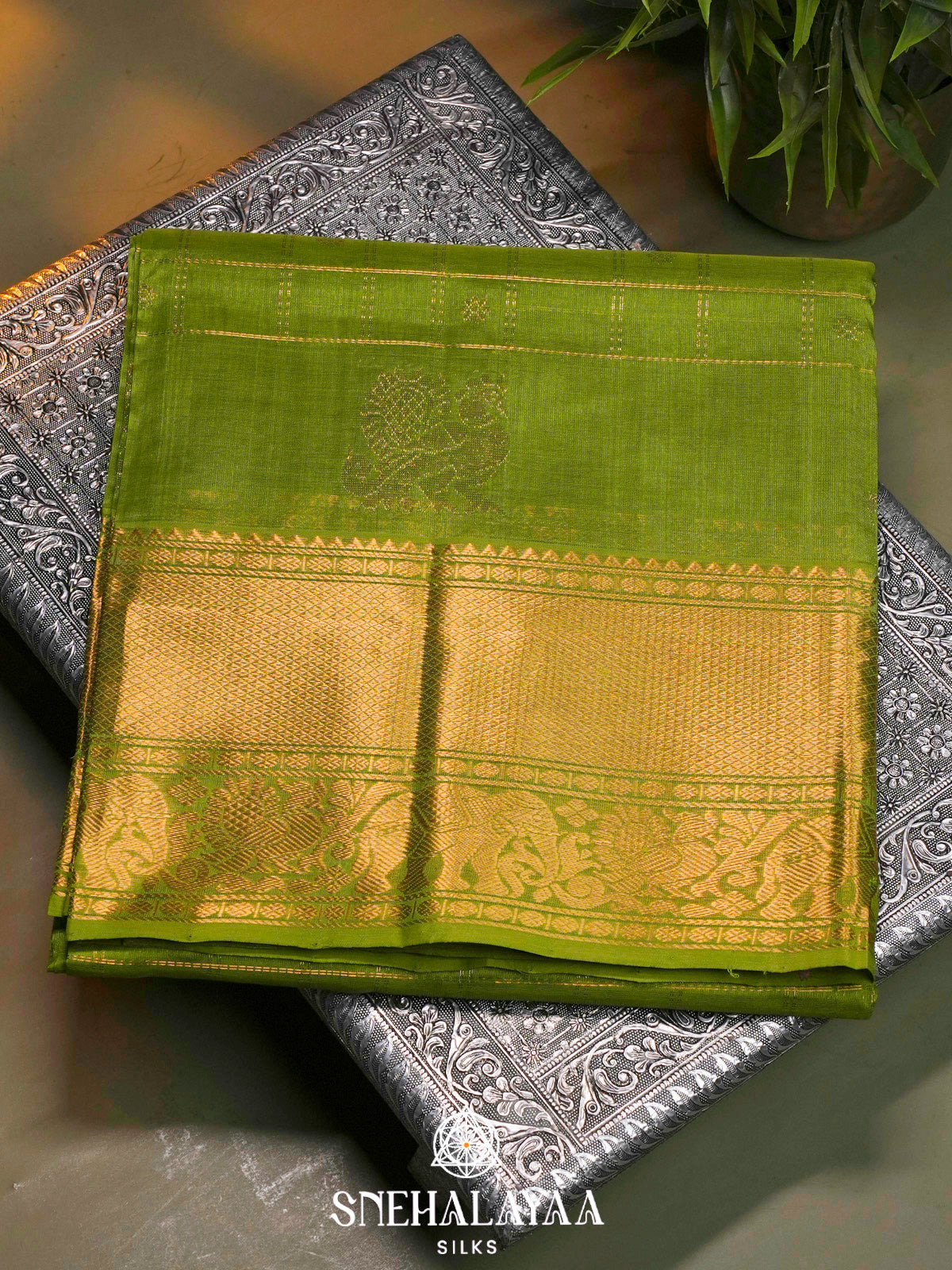 Parrot Green Kuppadam Silk Cotton Saree with Elephant Zari Border