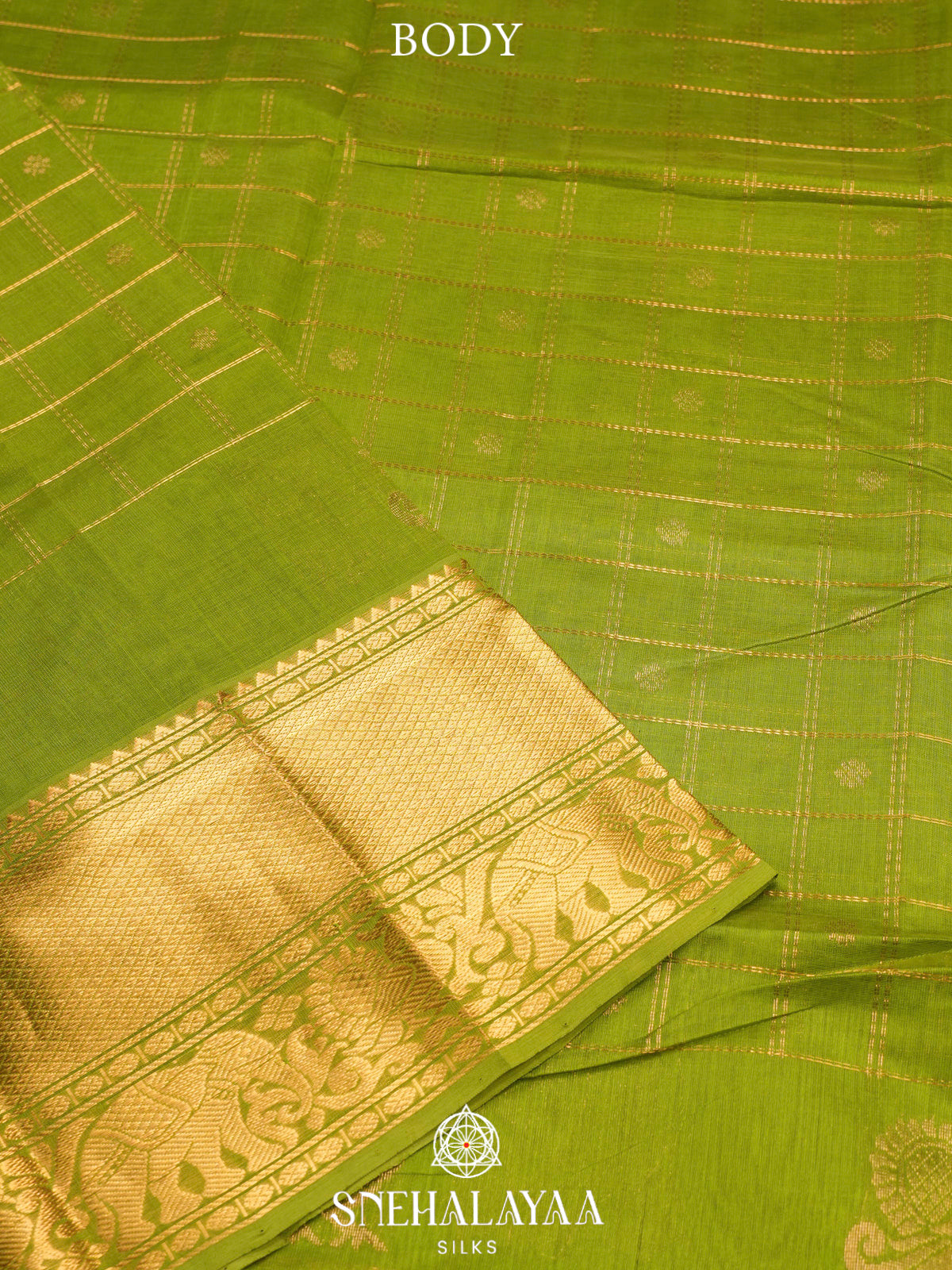 Parrot Green Kuppadam Silk Cotton Saree with Elephant Zari Border