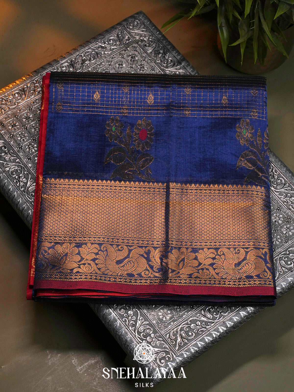 Ink Blue Kuppadam Silk Cotton Saree with Peacock Zari Border