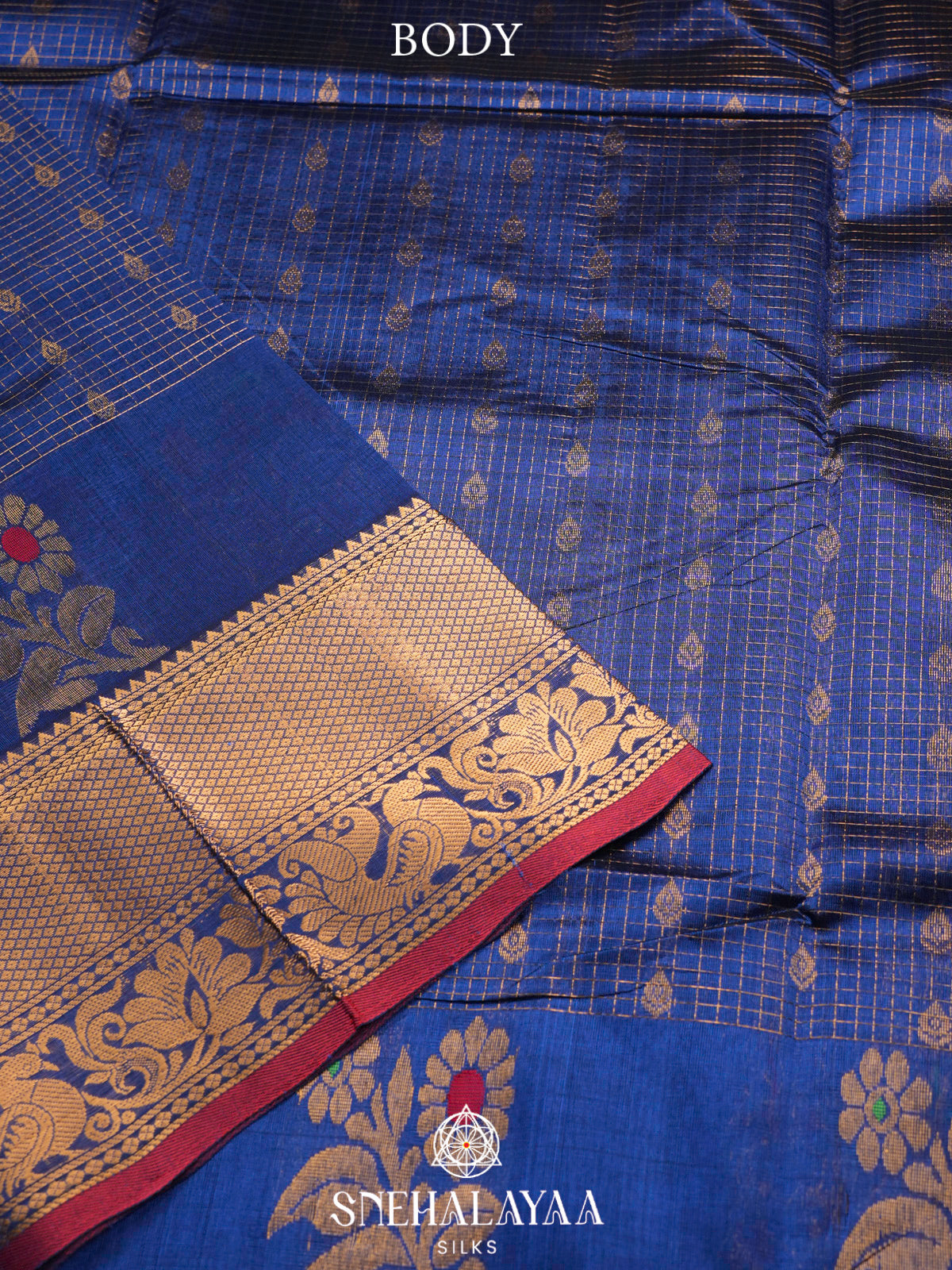 Ink Blue Kuppadam Silk Cotton Saree with Peacock Zari Border