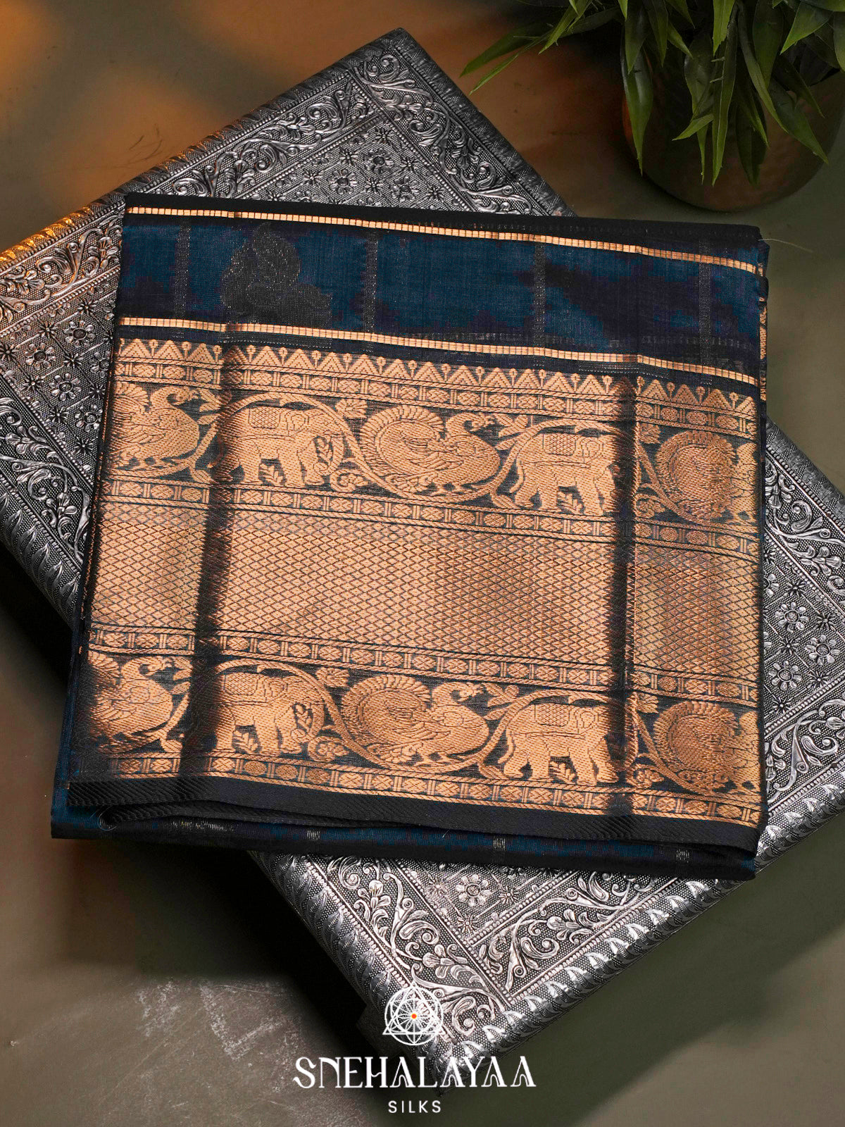 Peacock Blue Kuppadam Silk Cotton Saree with Elephant Zari Border